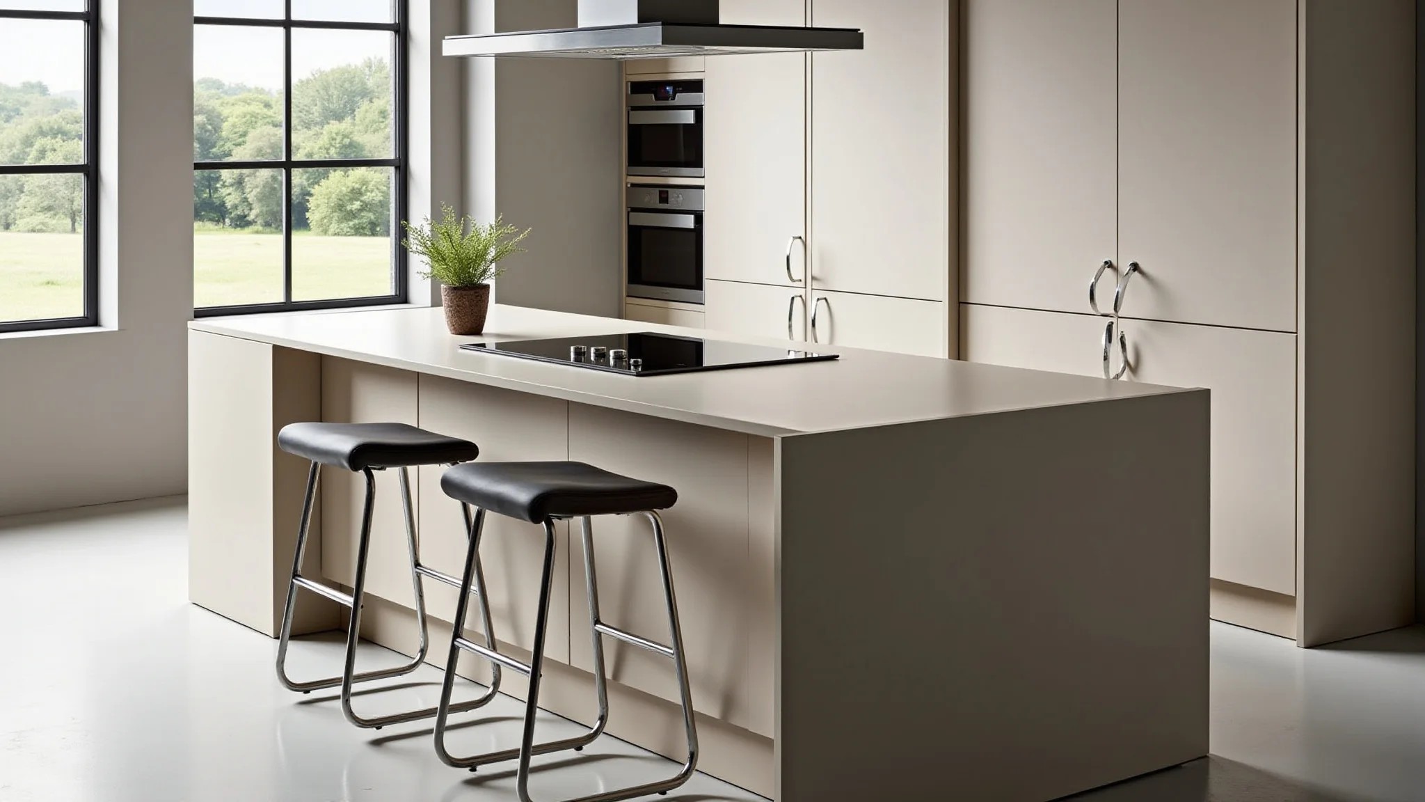 Península de cozinha moderna com cooktop e banquetas estilosas, iluminação brilhante.