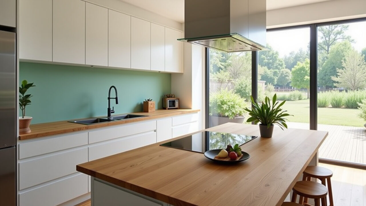 Cozinha moderna com bancadas de bambu e backsplash de vidro reciclado.