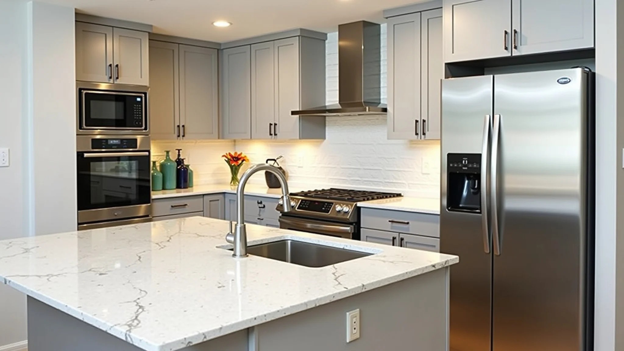 Cozinha moderna com eletrodomésticos de inox e bancada de quartzo, iluminação clara e design brasileiro.