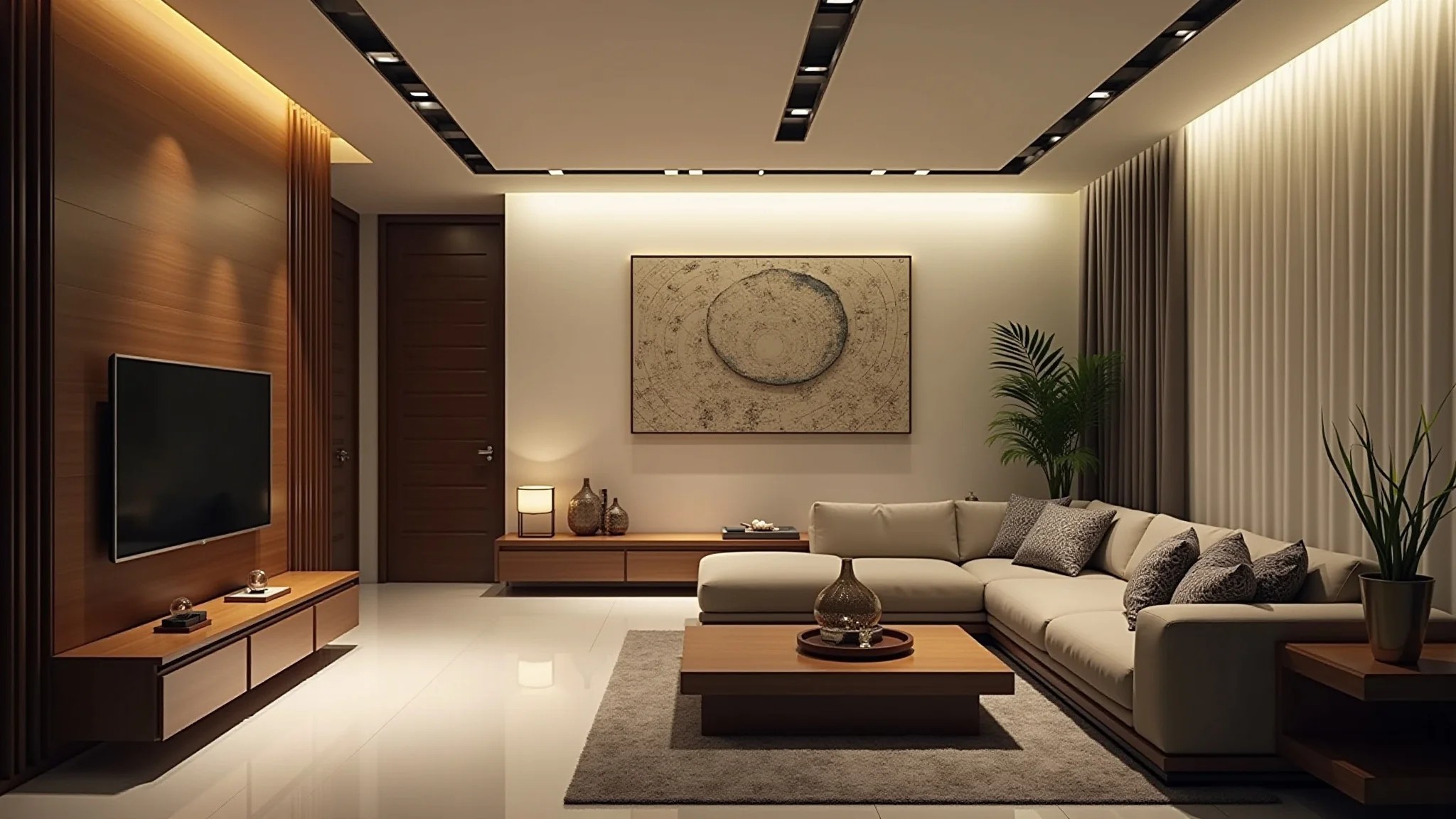 Sala moderna com trilho de luz destacando objetos decorativos, design brasileiro e iluminação brilhante.