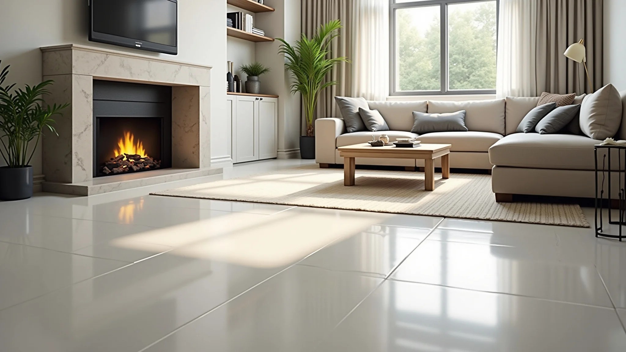 Sala de estar moderna com piso de porcelanato polido e iluminação clara.