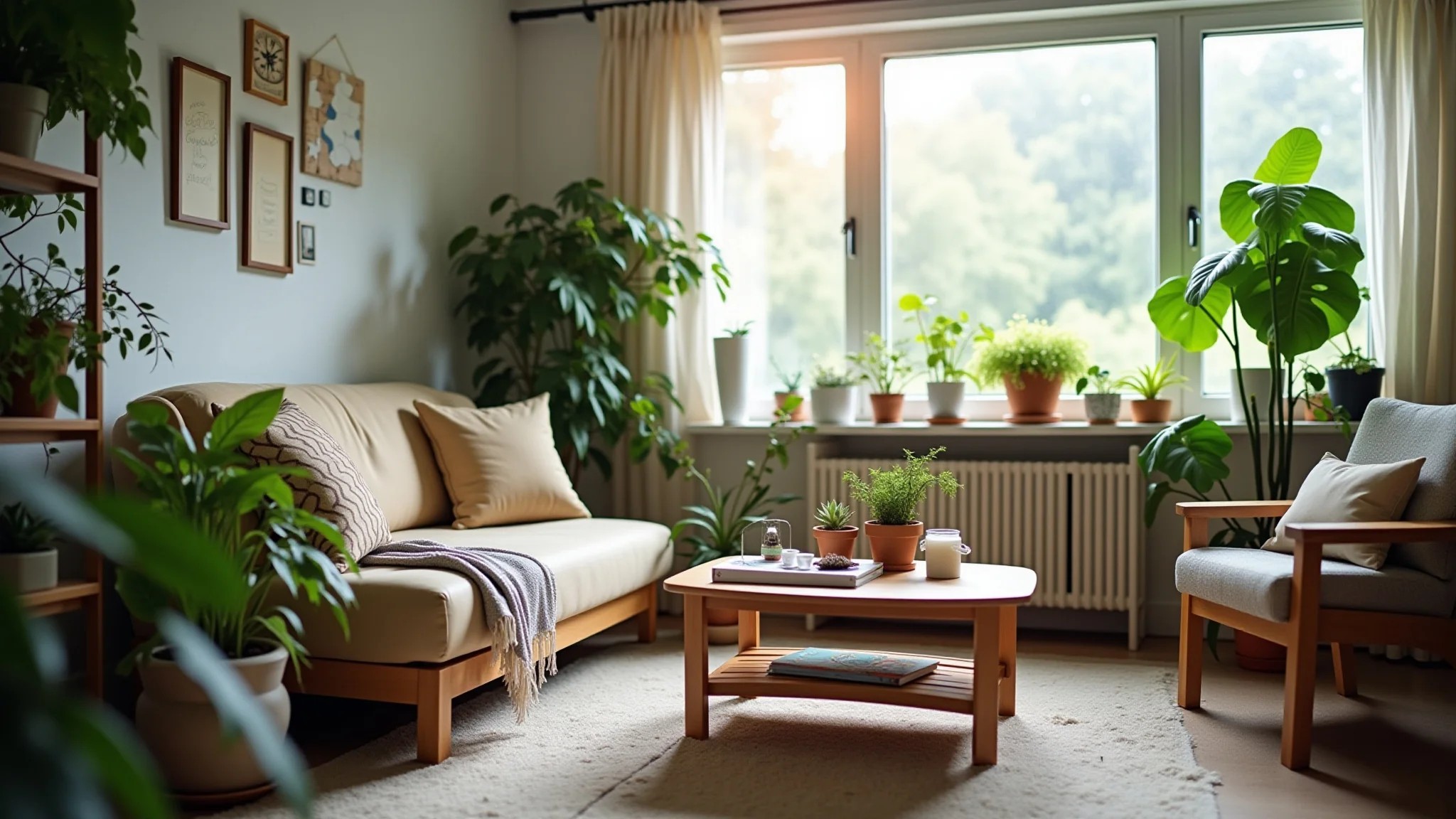 Sala organizada com plantas, decoração DIY e materiais reciclados.