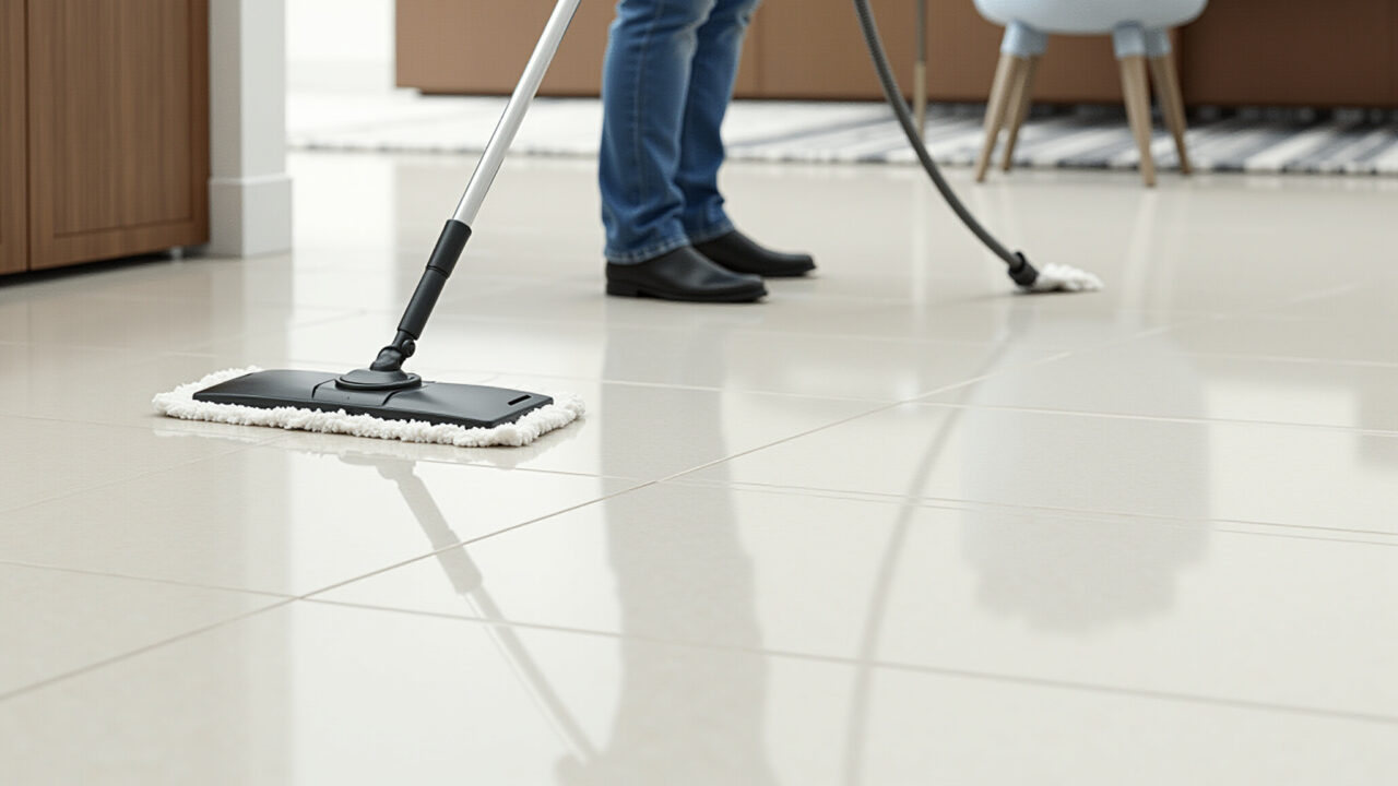 Pessoa limpando porcelanato esmaltado com um esfregão.