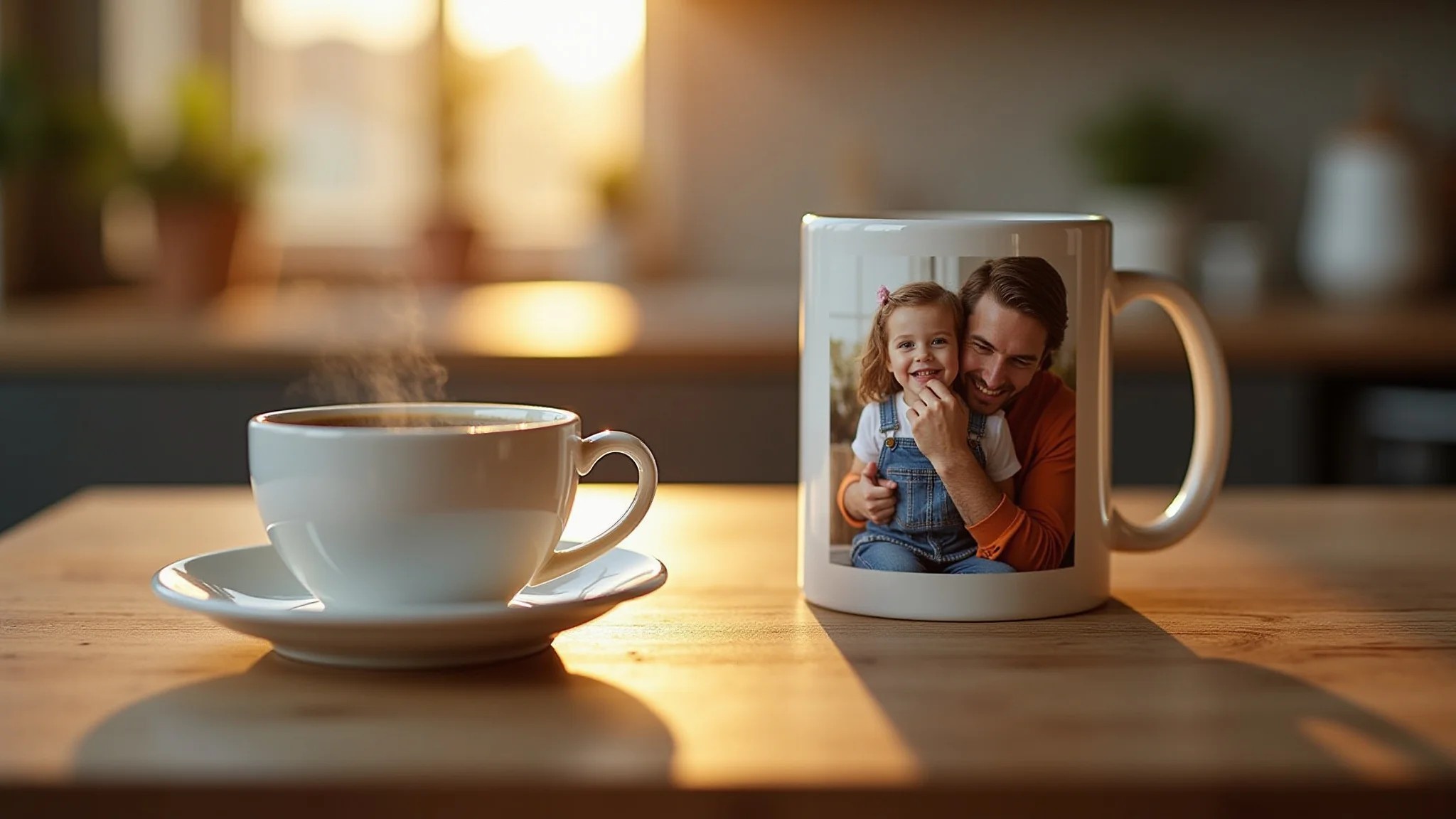 Caneca personalizada com foto de pai e filha sobre mesa de madeira com café.