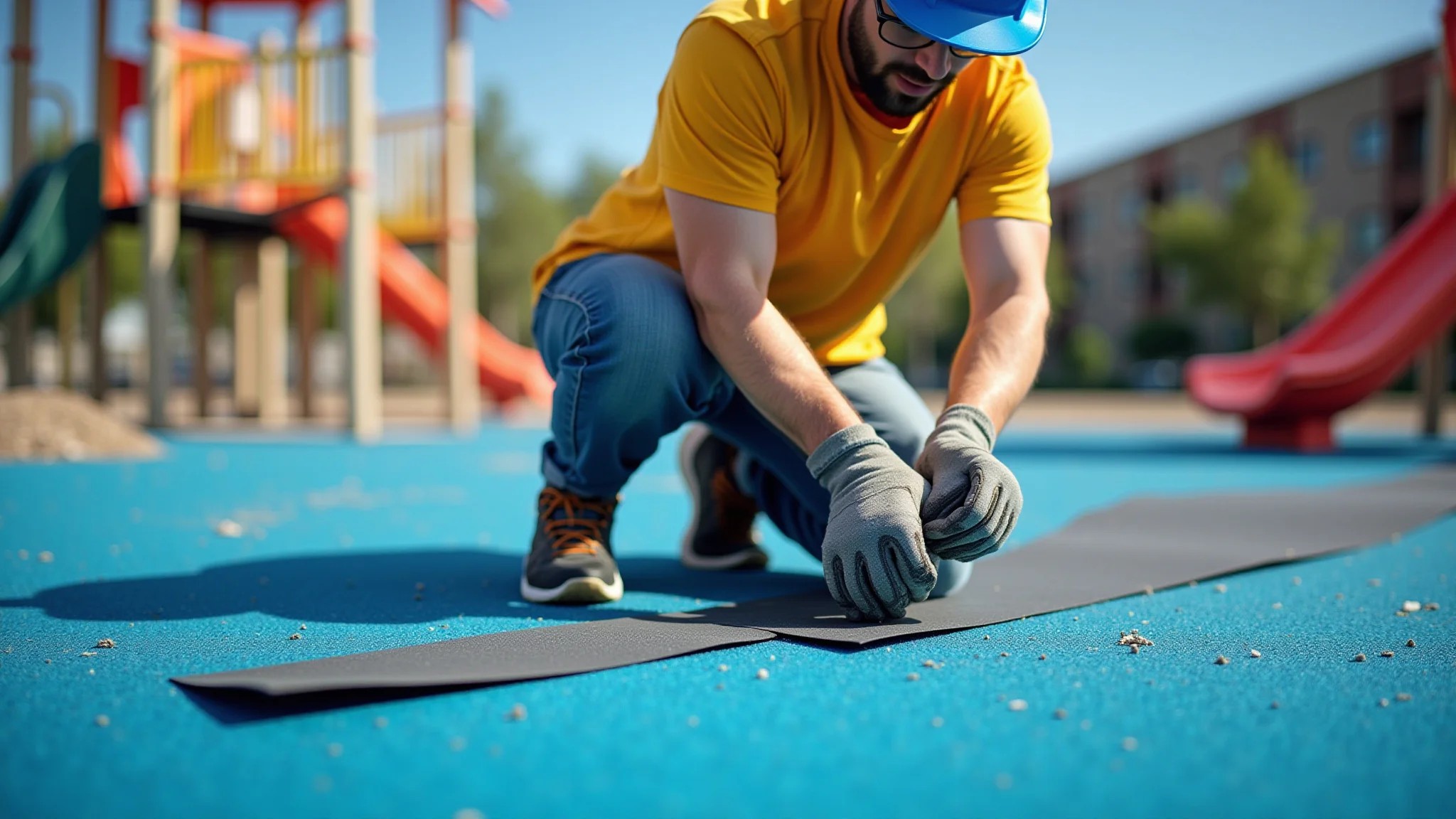 Instalação de piso de borracha em playground.