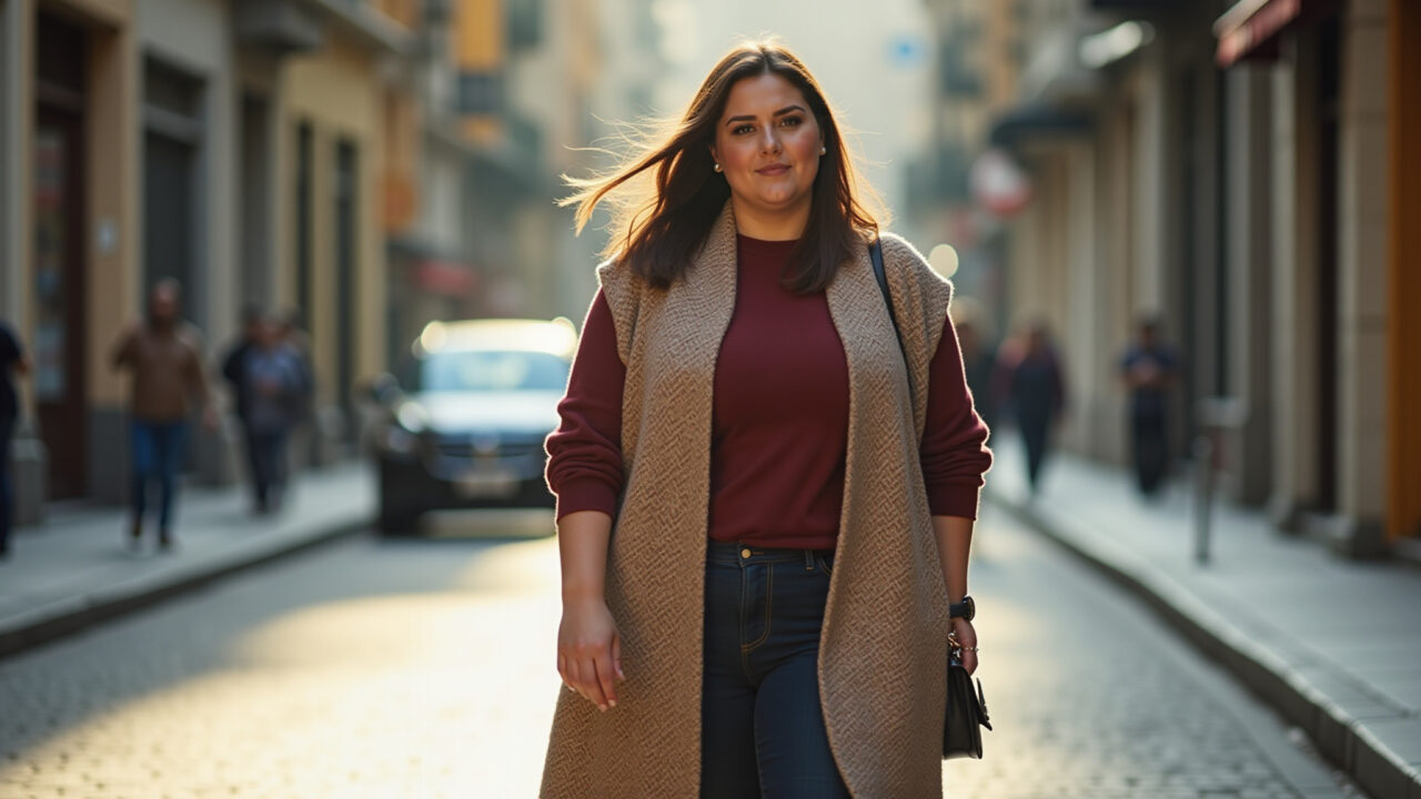 Mulher plus size com look estiloso de inverno e colete de tricô longo em São Paulo.