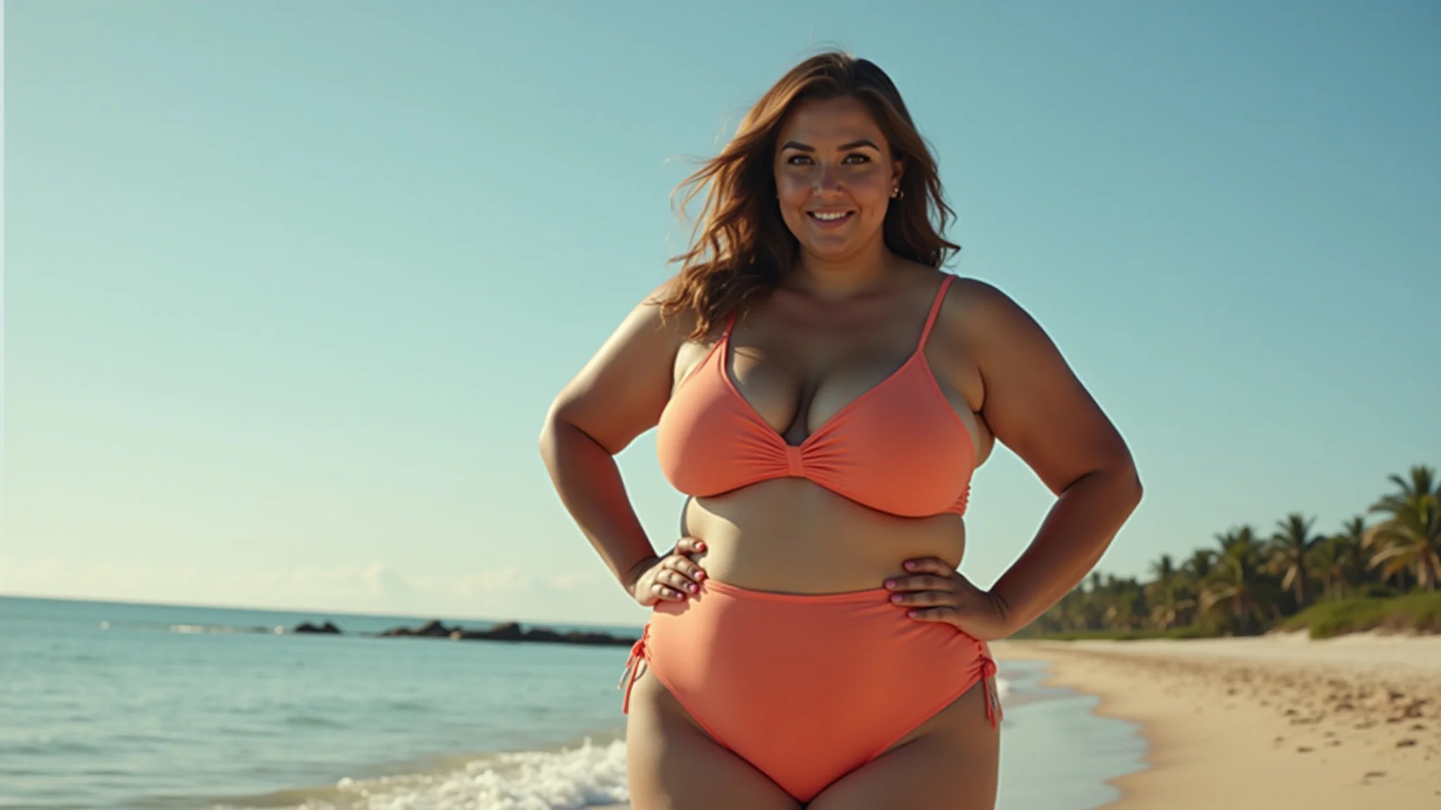 Mulher plus size confiante em biquíni de cintura alta na praia.