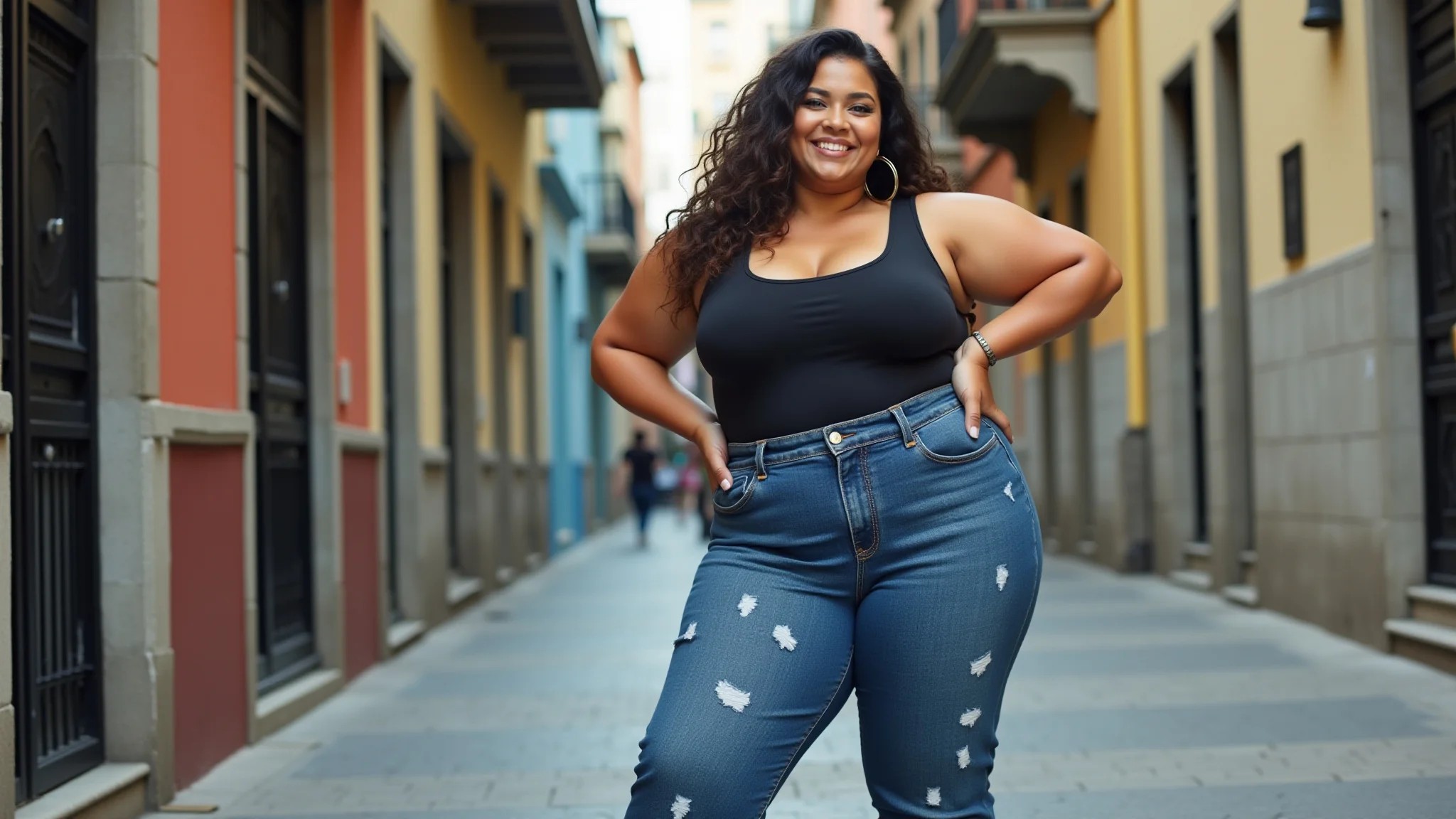 Mulher plus size posando confiante com jeans da Wonder Size, mostrando design inovador.