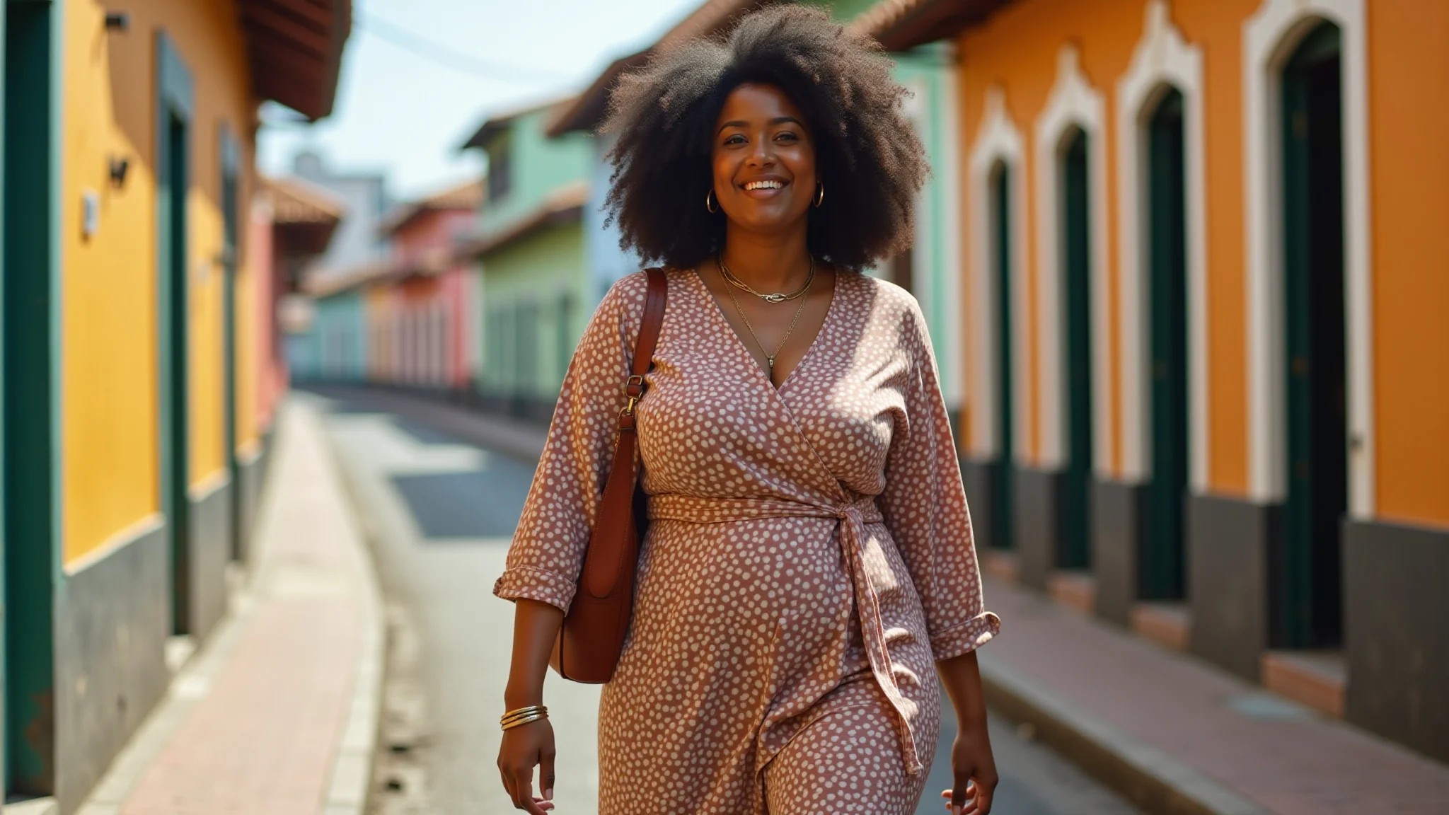 Mulher plus-size confiante em vestido envelope estiloso, caminhando em rua colorida de Salvador.