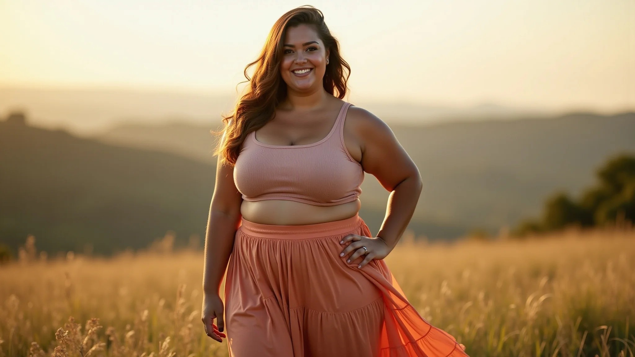 Mulher plus size com cropped e saia midi, transmitindo positividade corporal.