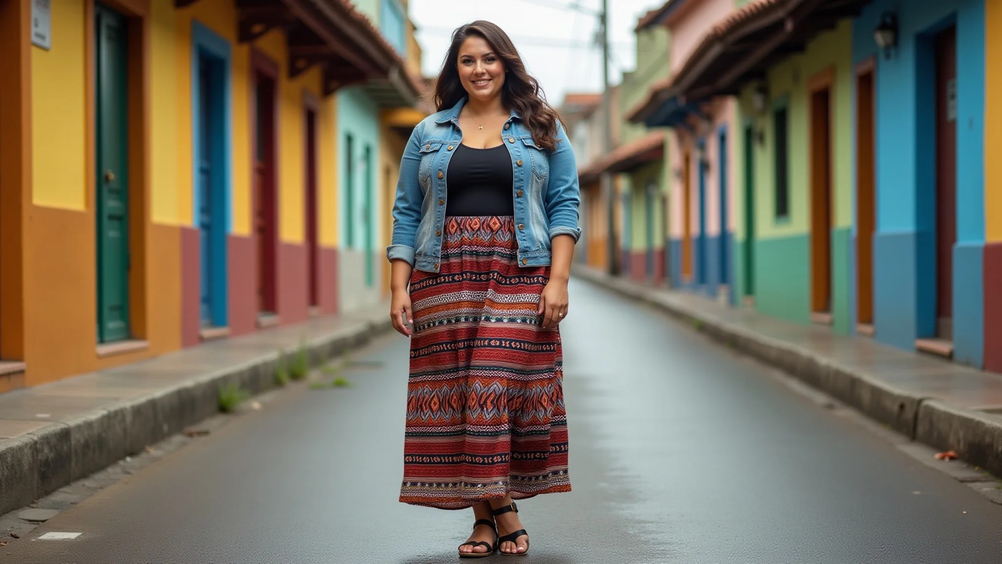 Mulher plus size com saia longa estampada étnica, jaqueta jeans e sandálias em rua brasileira.