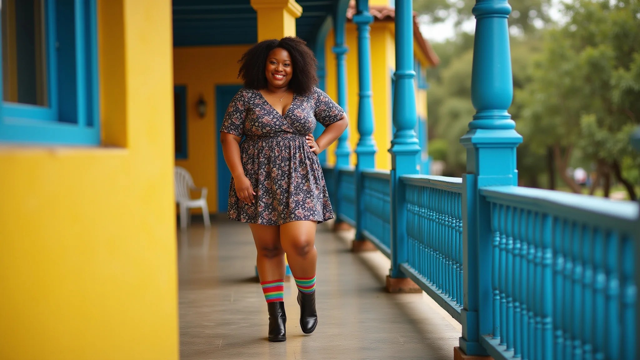 Mulher plus-size com vestido, bota cano curto e meia-calça colorida, sorrindo.
