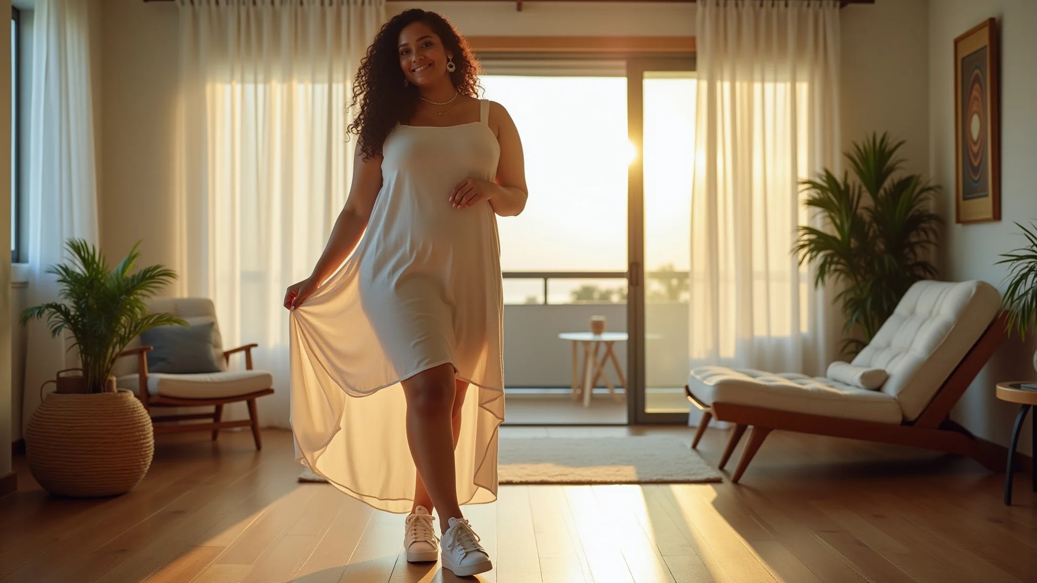 Mulher plus size com vestido longo de linho e tênis confortáveis em apartamento arejado com decoração brasileira.