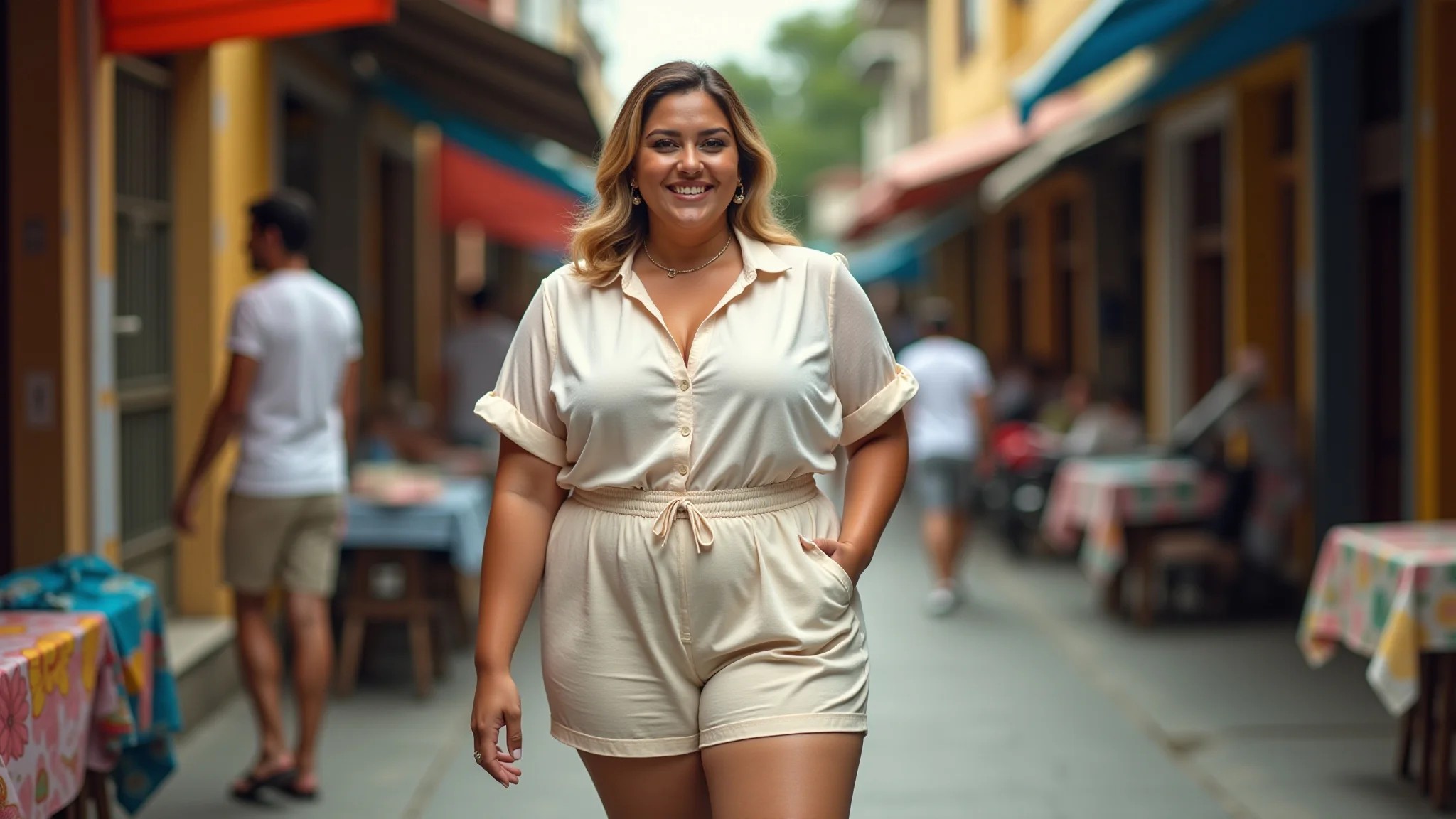 Mulher plus size usando conjunto de linho estiloso em mercado de rua brasileiro.