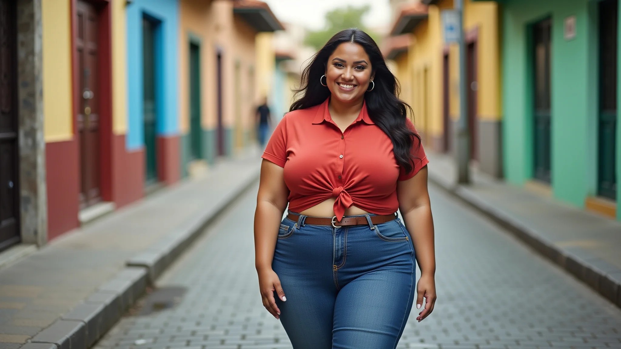 Mulher plus-size com corpo pera usando jeans bootcut, sorrindo confiante em rua brasileira colorida.