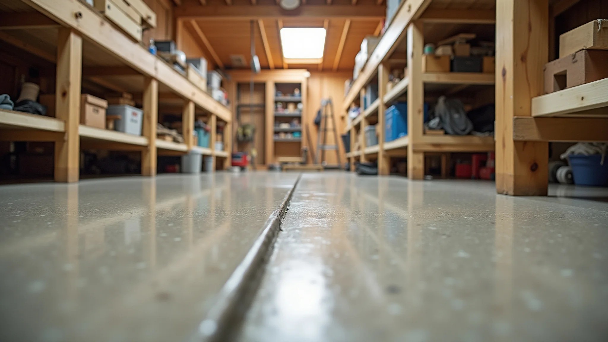 Piso de concreto polido em oficina de marcenaria, durável e econômico.