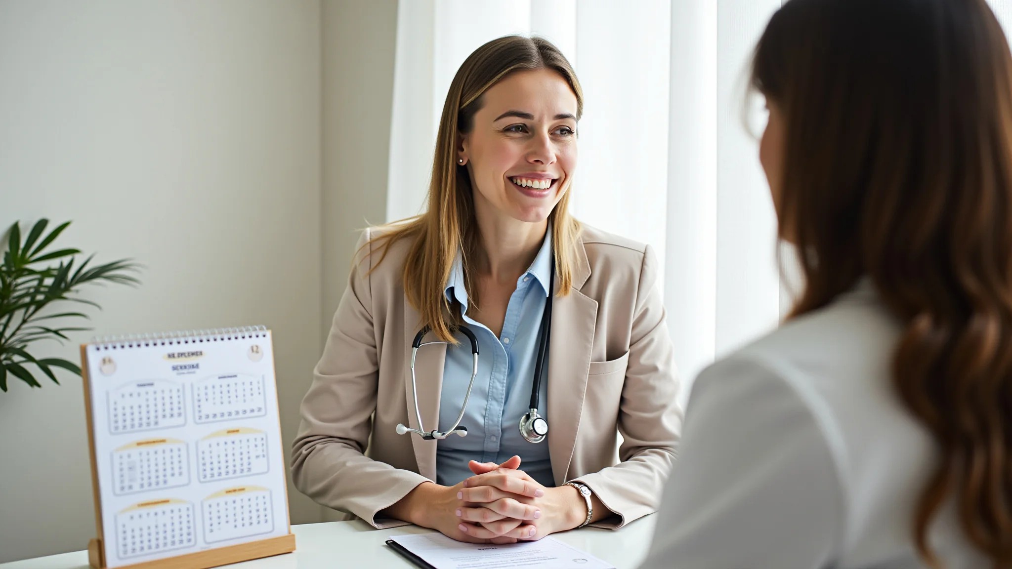 Gestante consultando médico com calendário gestacional na mesa.