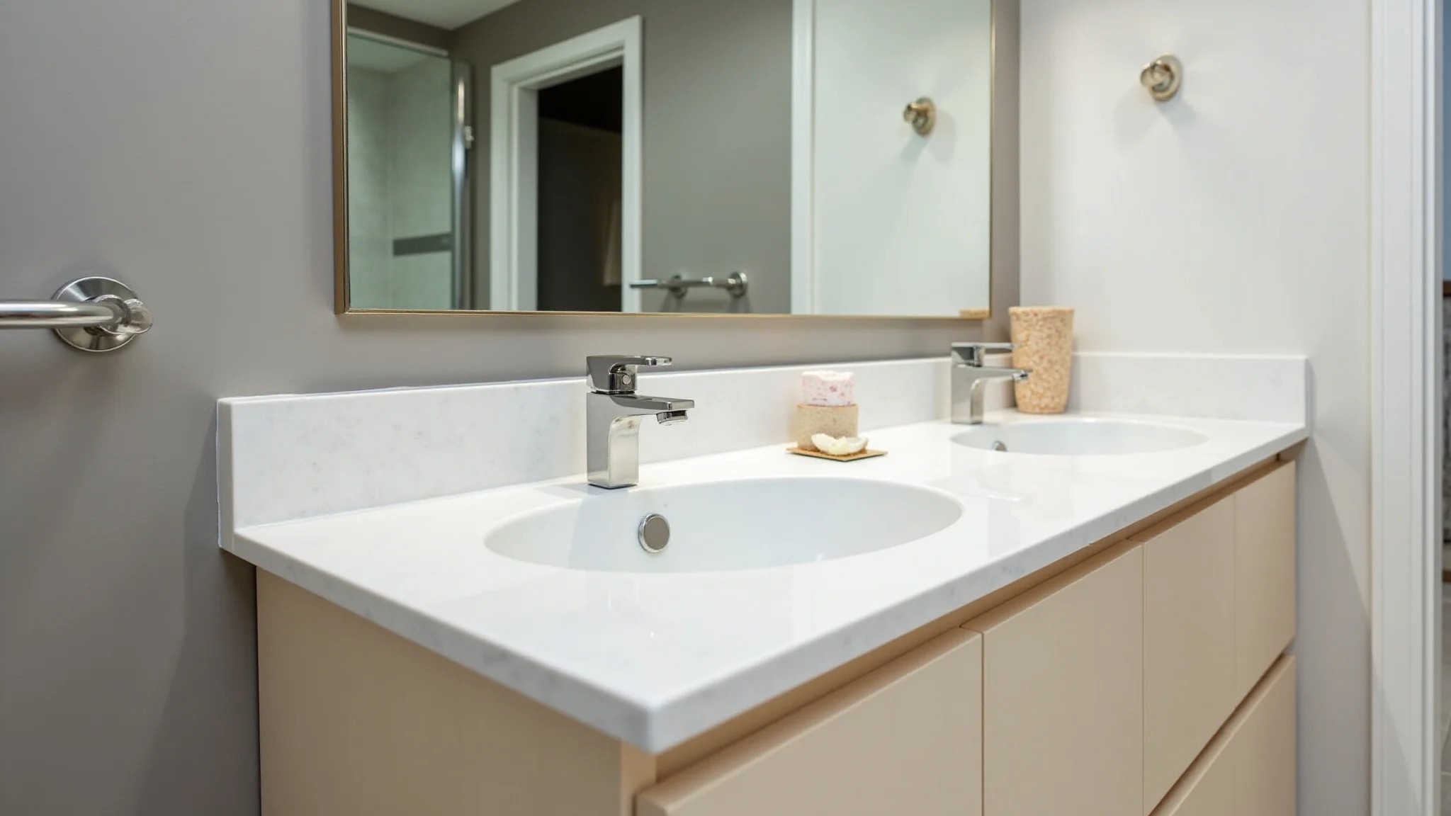 Bancada de banheiro em quartzo, design moderno e fácil de limpar.