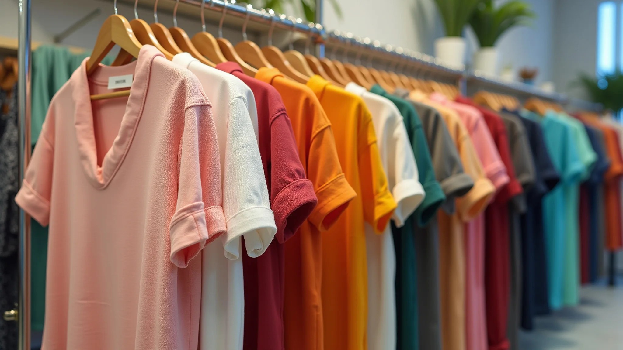 Arara de roupas de linho coloridas em uma boutique brasileira bem iluminada.