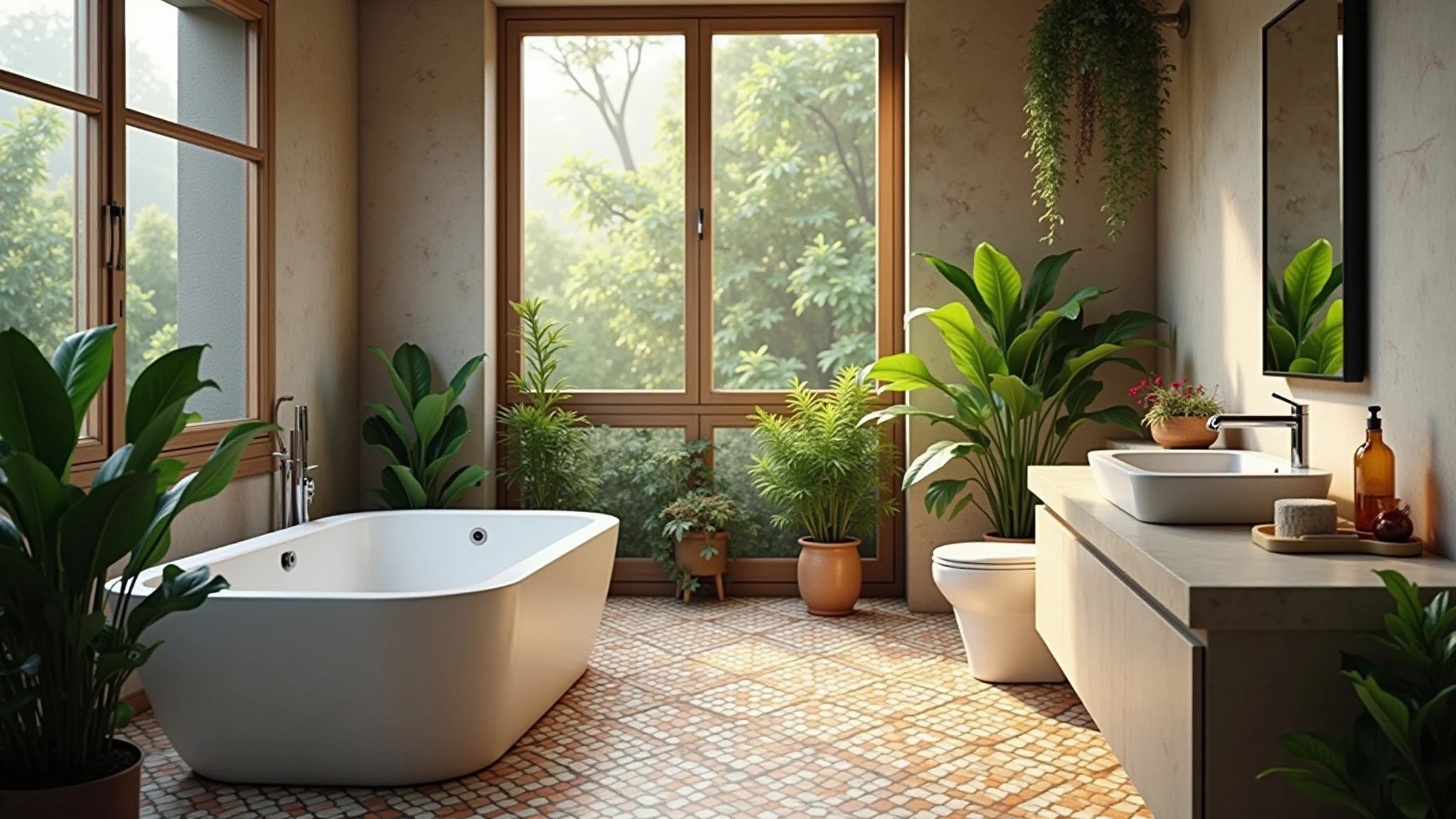 Banheiro renovado com design brasileiro, azulejos coloridos e plantas.