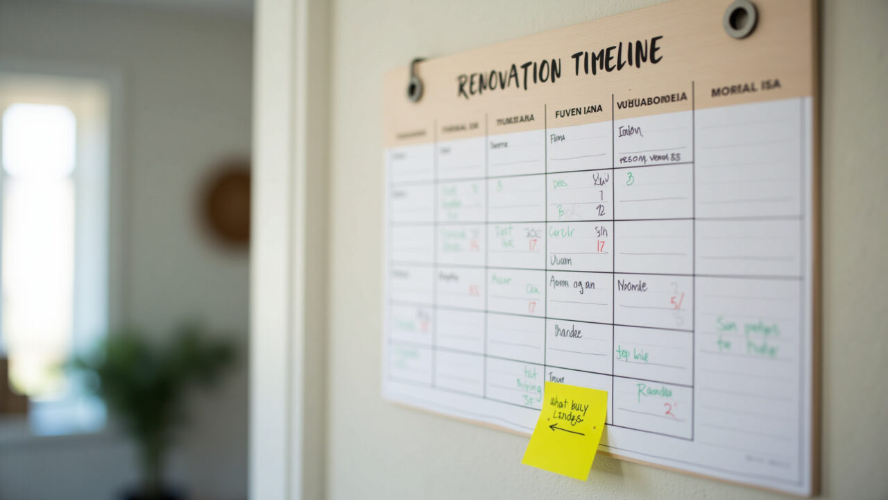 Cronograma de reforma em um calendário de parede com prazos e anotações.