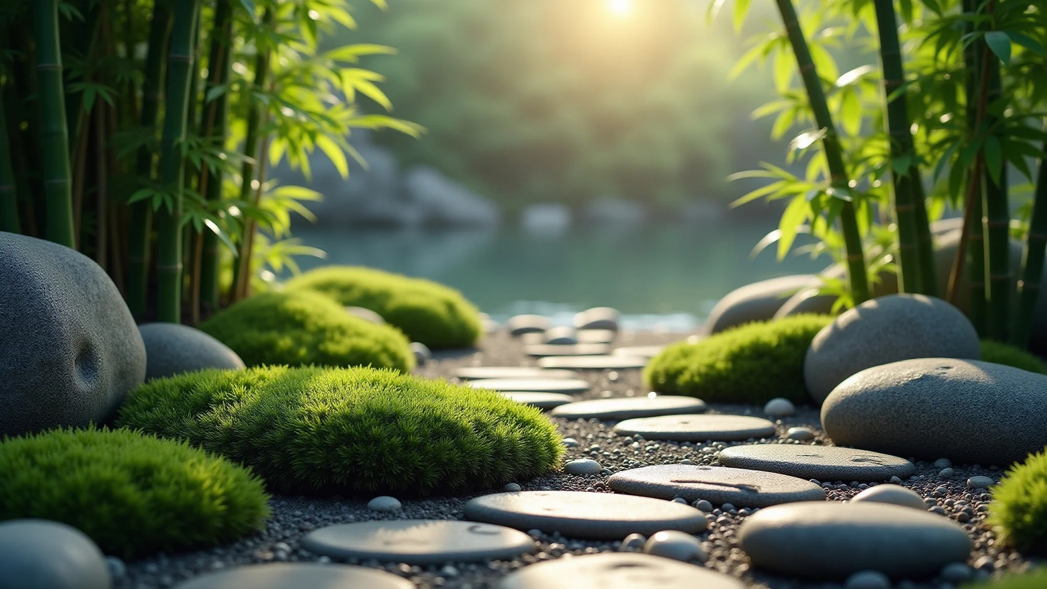 Jardim de pedras com bambu mossô, criando um ambiente zen e relaxante.
