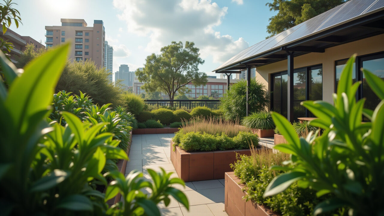 Jardim no telhado com diversas plantas e painéis solares.