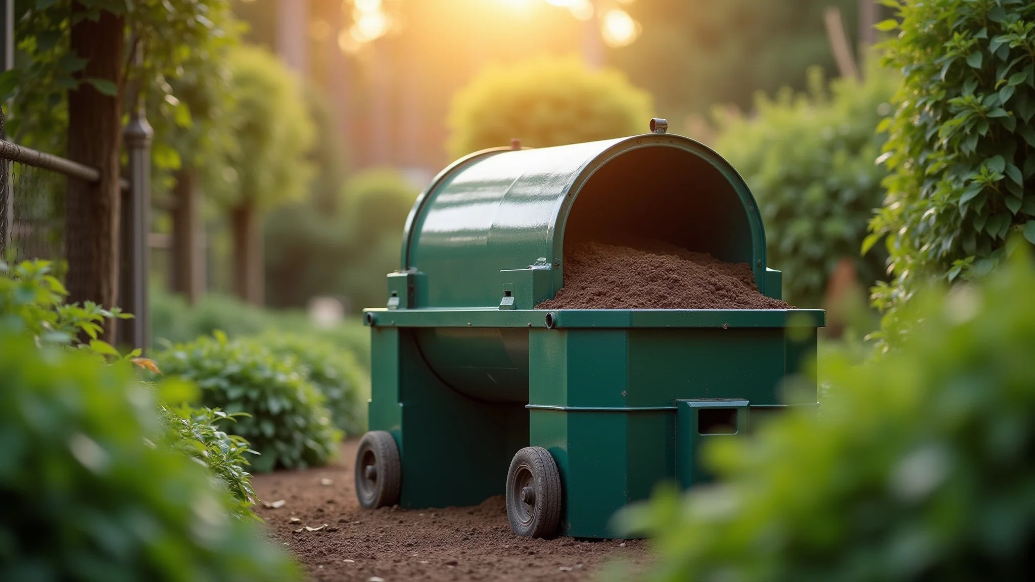 Composteira giratória em um jardim exuberante.