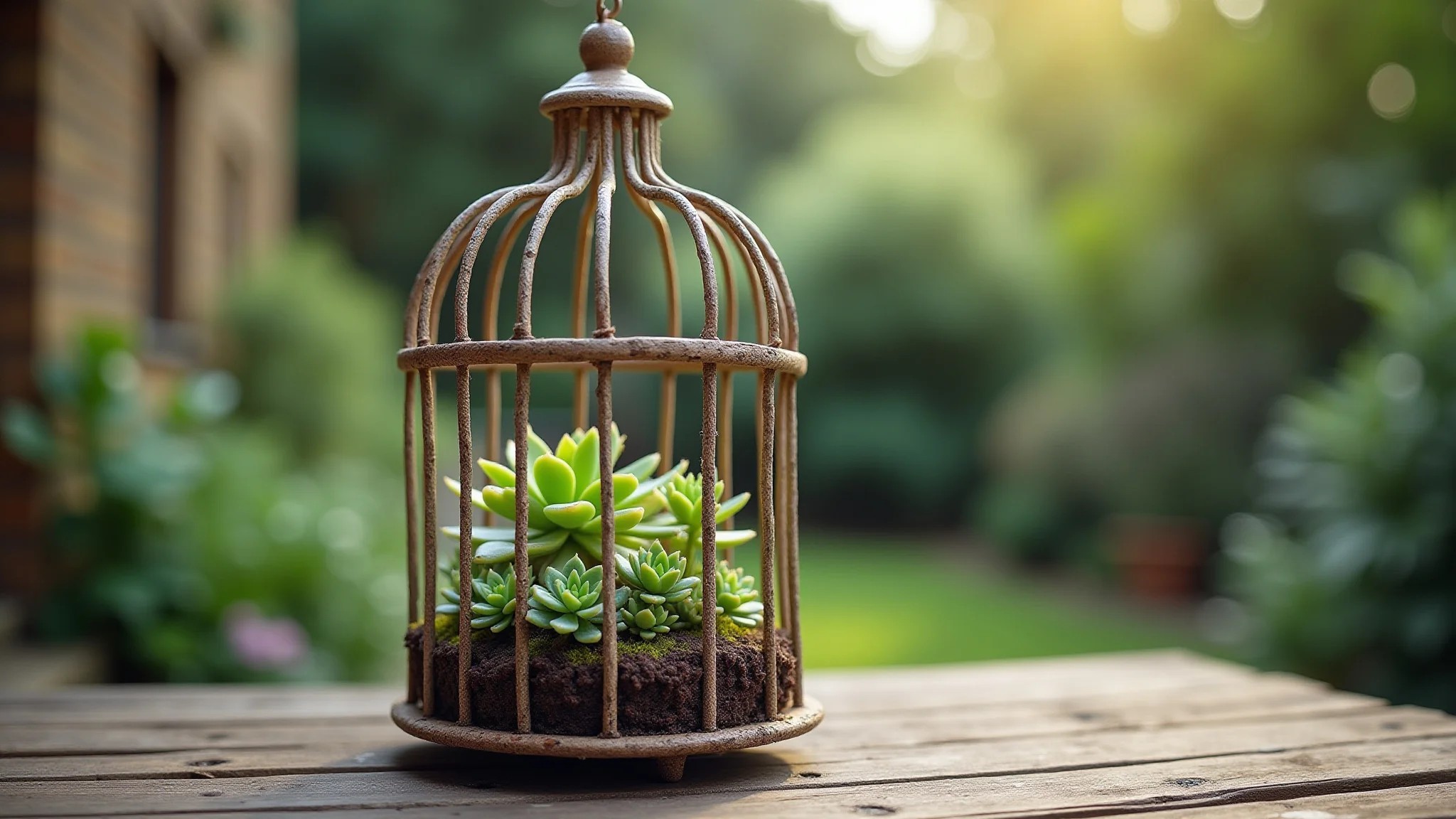 Gaiola antiga transformada em mini jardim de suculentas em ambiente rústico.