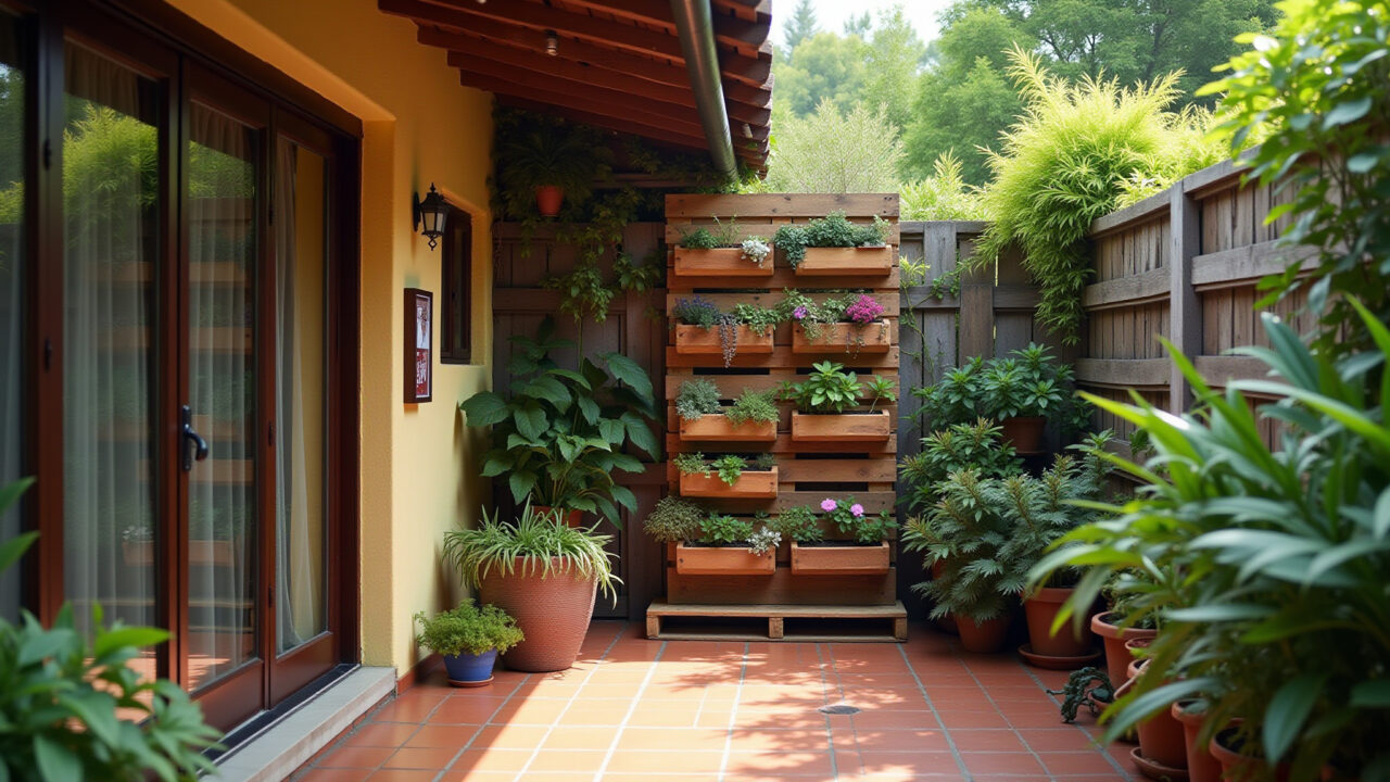 Jardim vertical rústico feito com paletes em um pátio brasileiro.