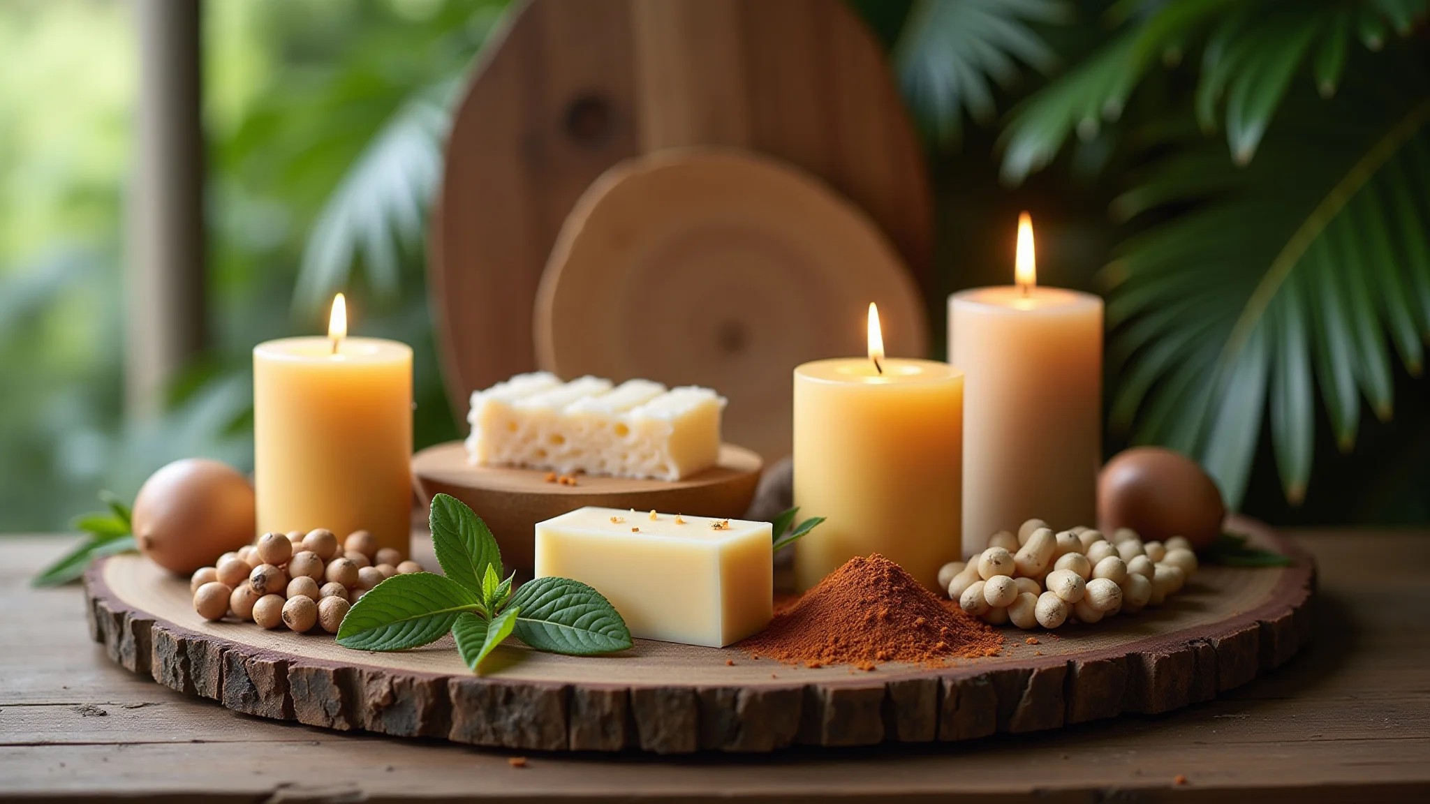 Mesa rústica com velas e sabonetes artesanais feitos com ingredientes naturais.