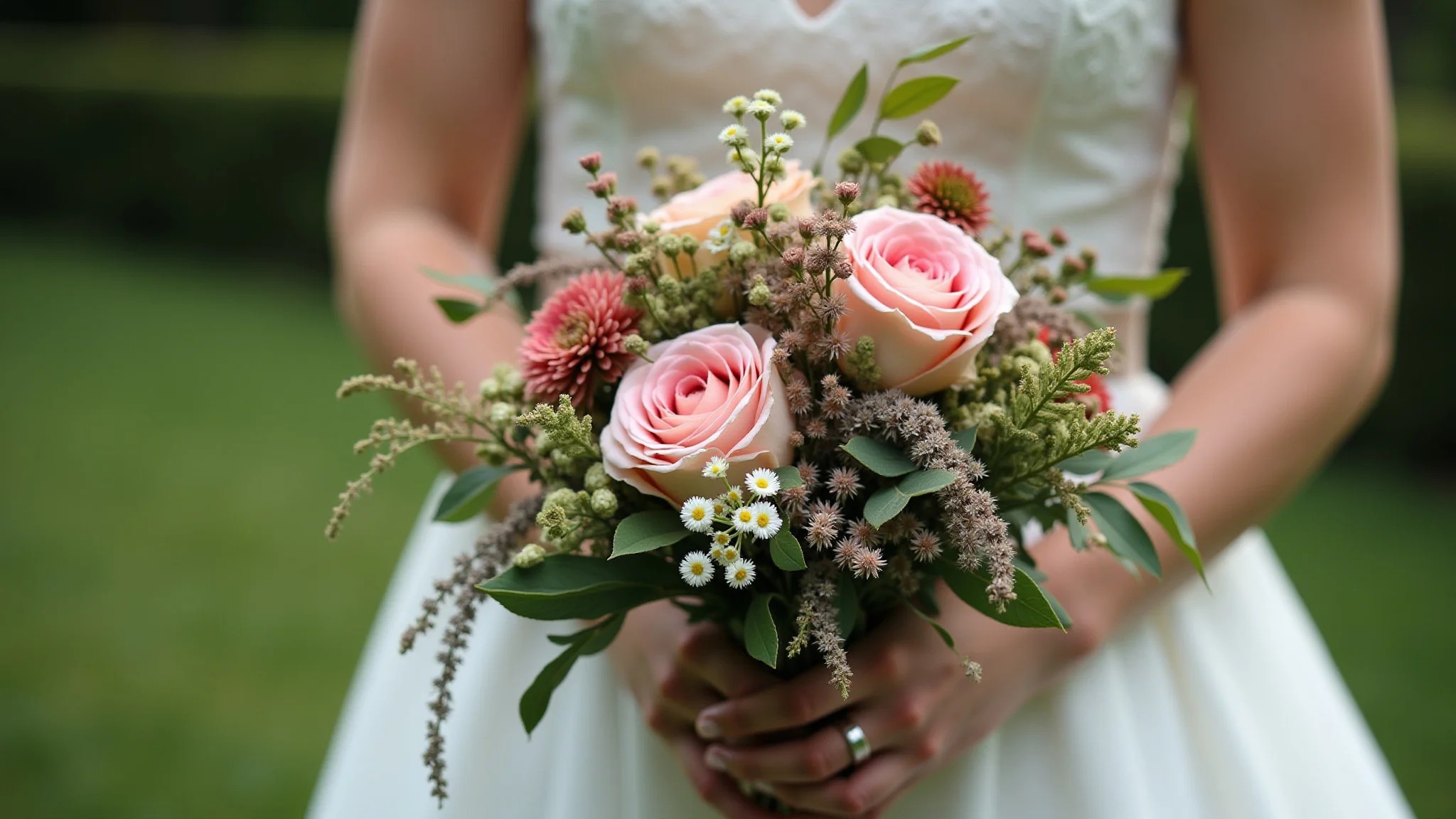 Buquê de casamento rústico com flores do campo e folhagens.