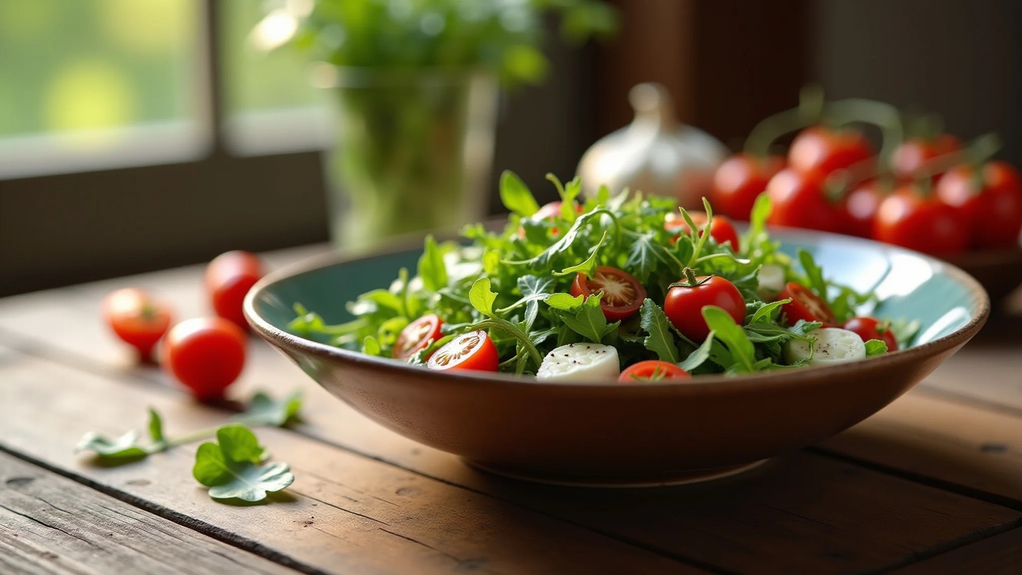 Salada de rúcula com tomate cereja e queijo de cabra em mesa rústica.