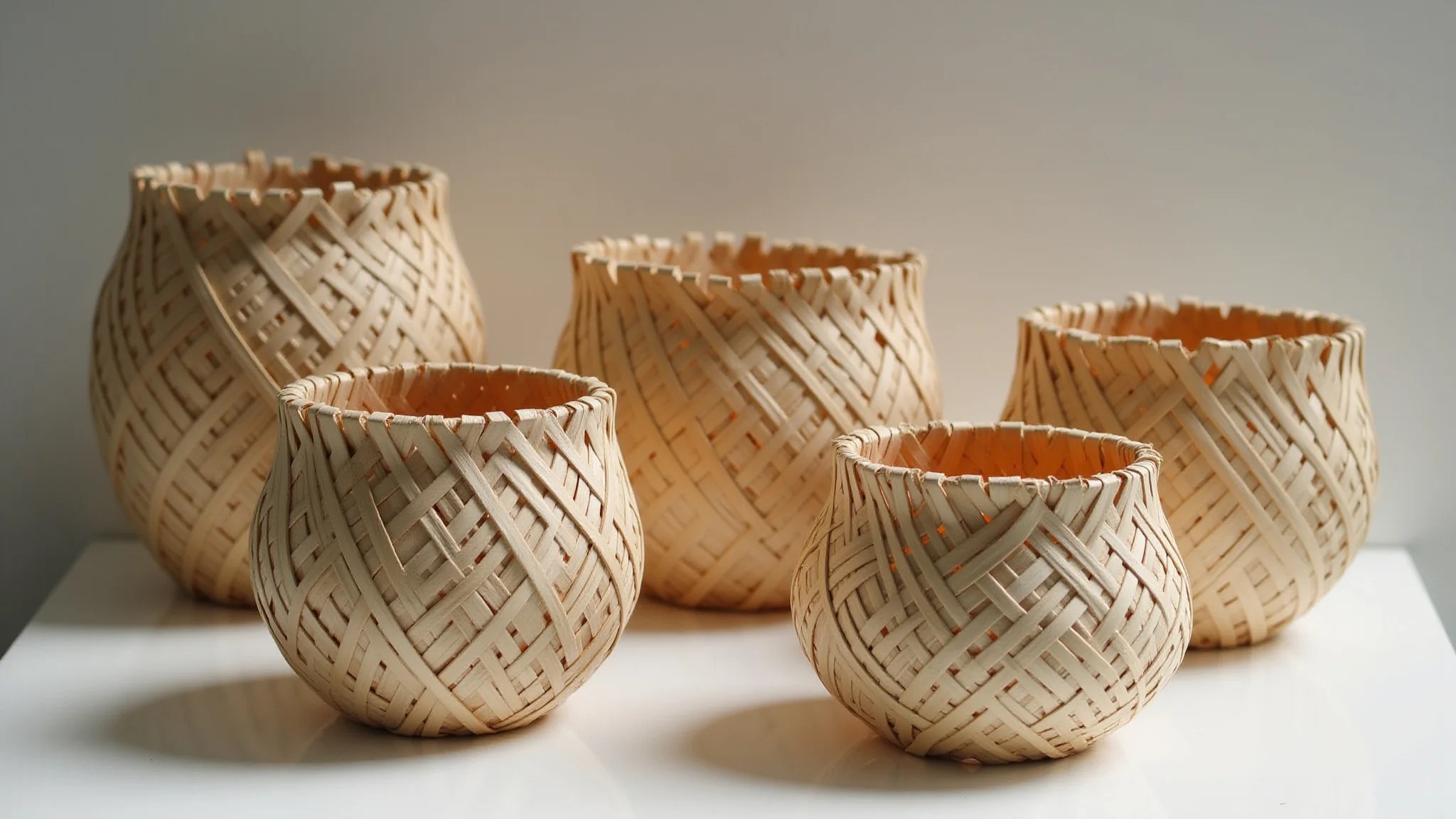 Cestos e vasos artesanais feitos com palitos de churrasco, técnicas de trama.