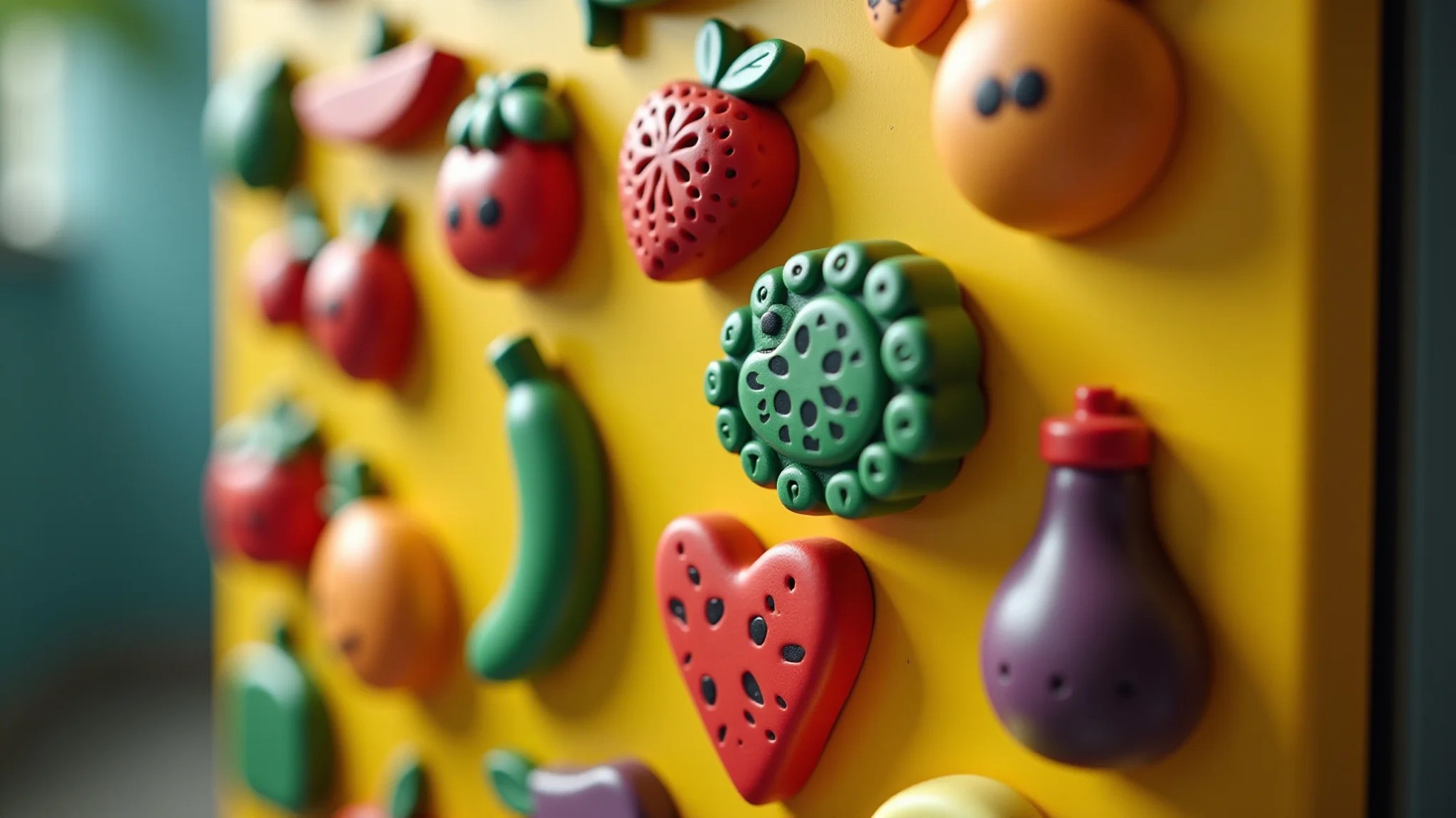 Ímãs de geladeira de gesso com formato de frutas e animais brasileiros em geladeira colorida.