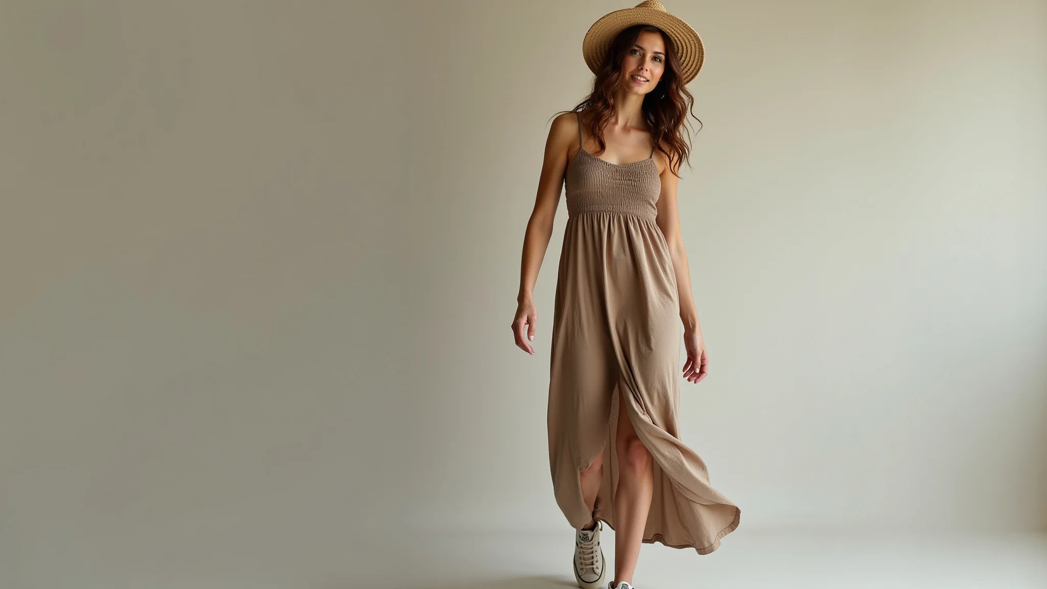Mulher baixinha com vestido longo casual de algodão e tênis, estilo Farm Rio.