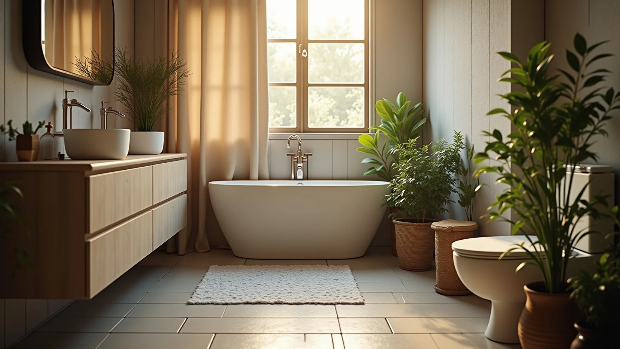 Banheiro masculino simples com plantas para criar um ambiente relaxante.