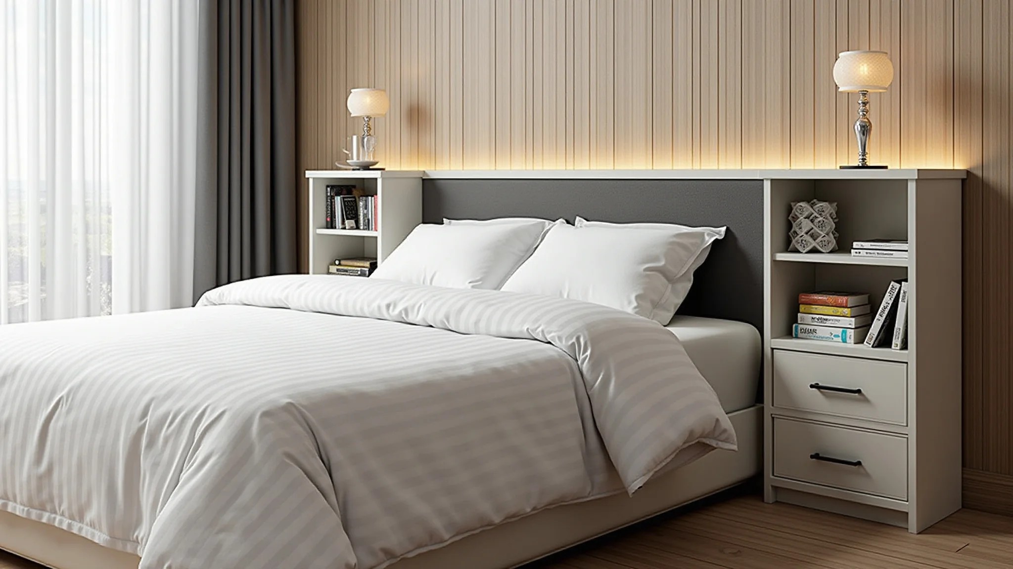 Cama de solteiro com cabeceira com nichos, livros e objetos decorativos.