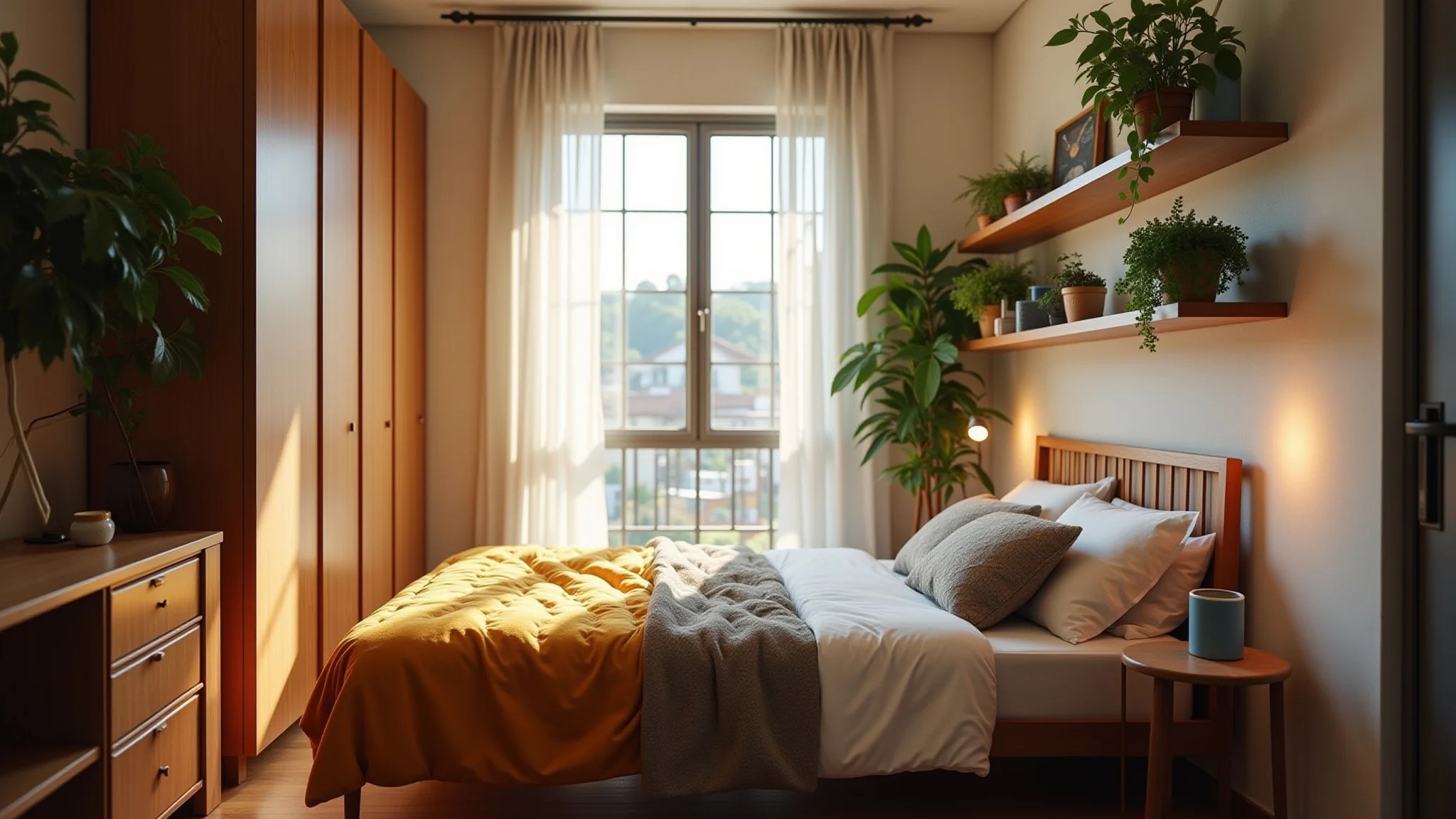 Quarto de apartamento pequeno com iluminação aconchegante e prateleiras organizadas.