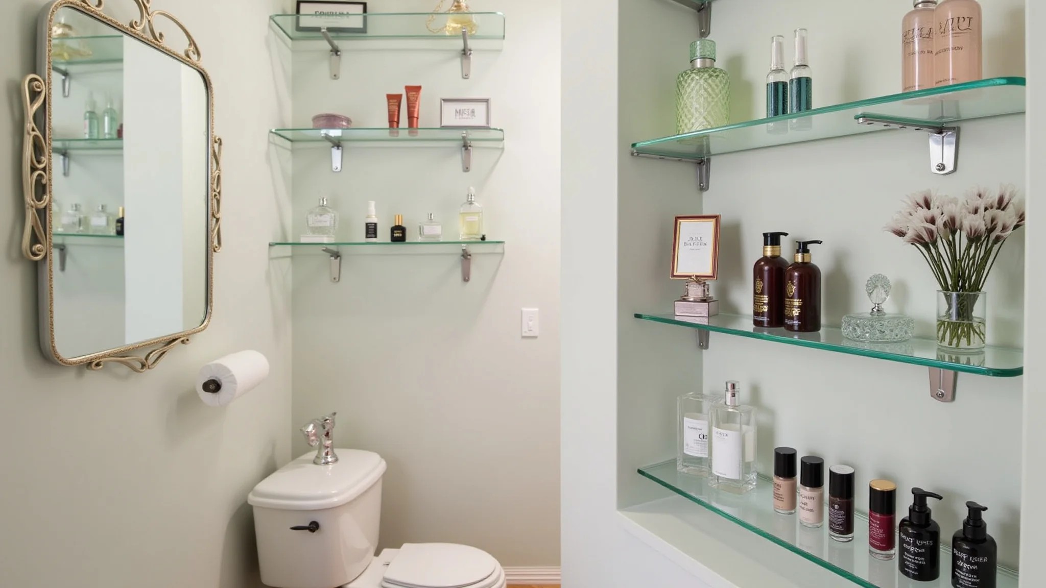 Banheiro pequeno com prateleiras de vidro exibindo perfumes e maquiagem.