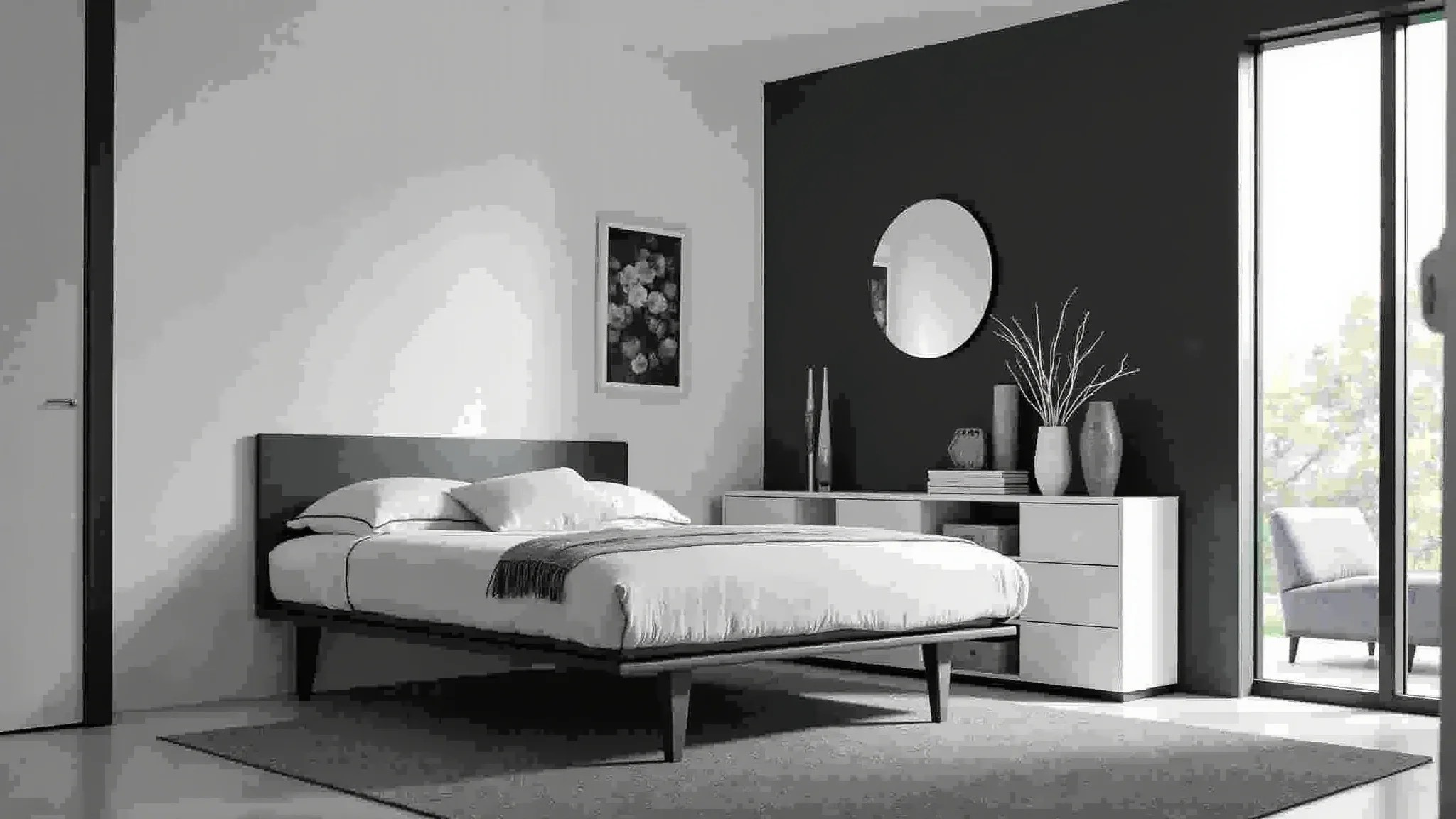 Quarto pequeno em preto e branco, organizado com móveis multifuncionais e caixas.