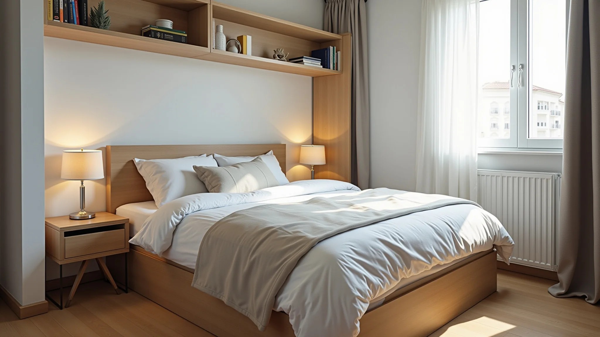Quarto pequeno de apartamento brasileiro, organizado com uma cama box que economiza espaço.