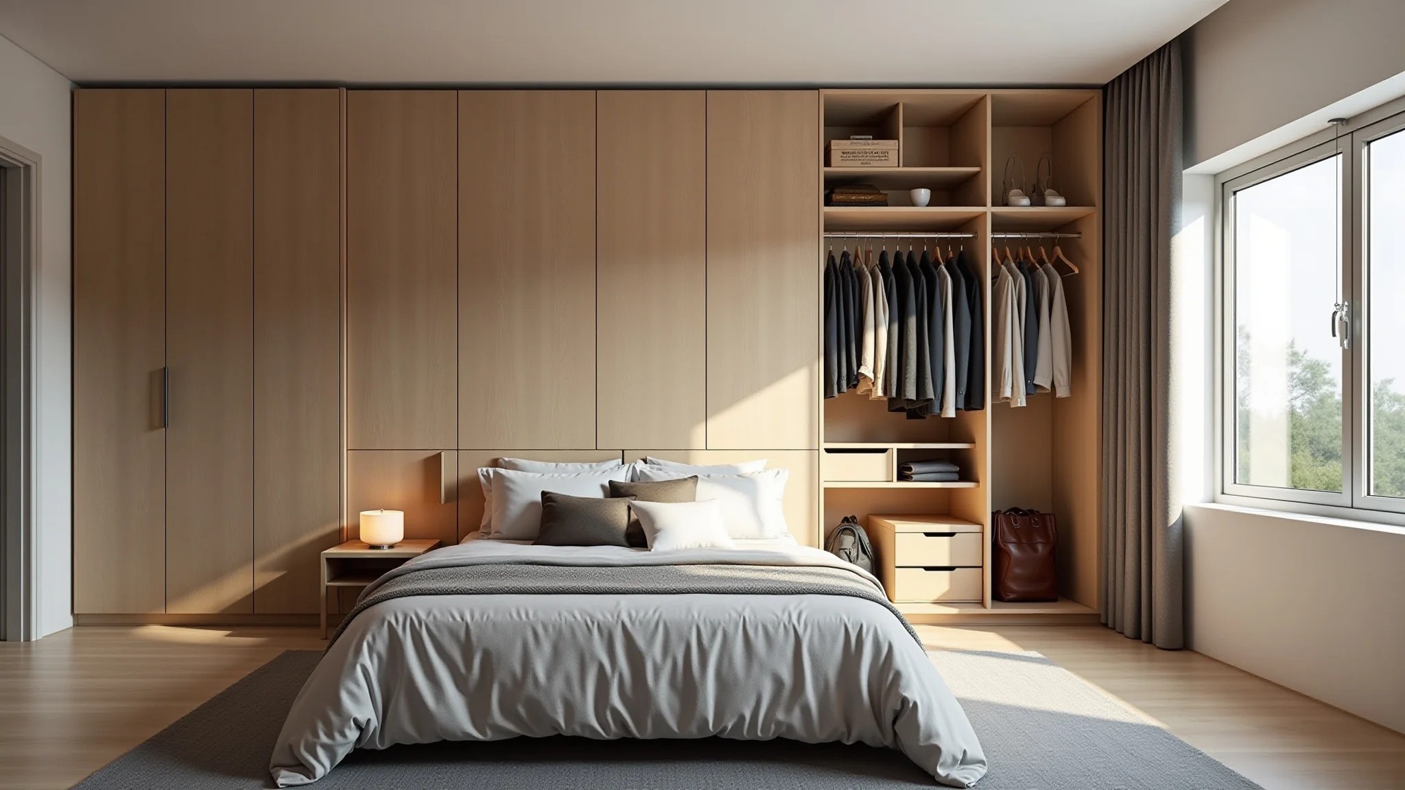 Quarto de casal pequeno com closet organizado e soluções de armazenamento eficientes.
