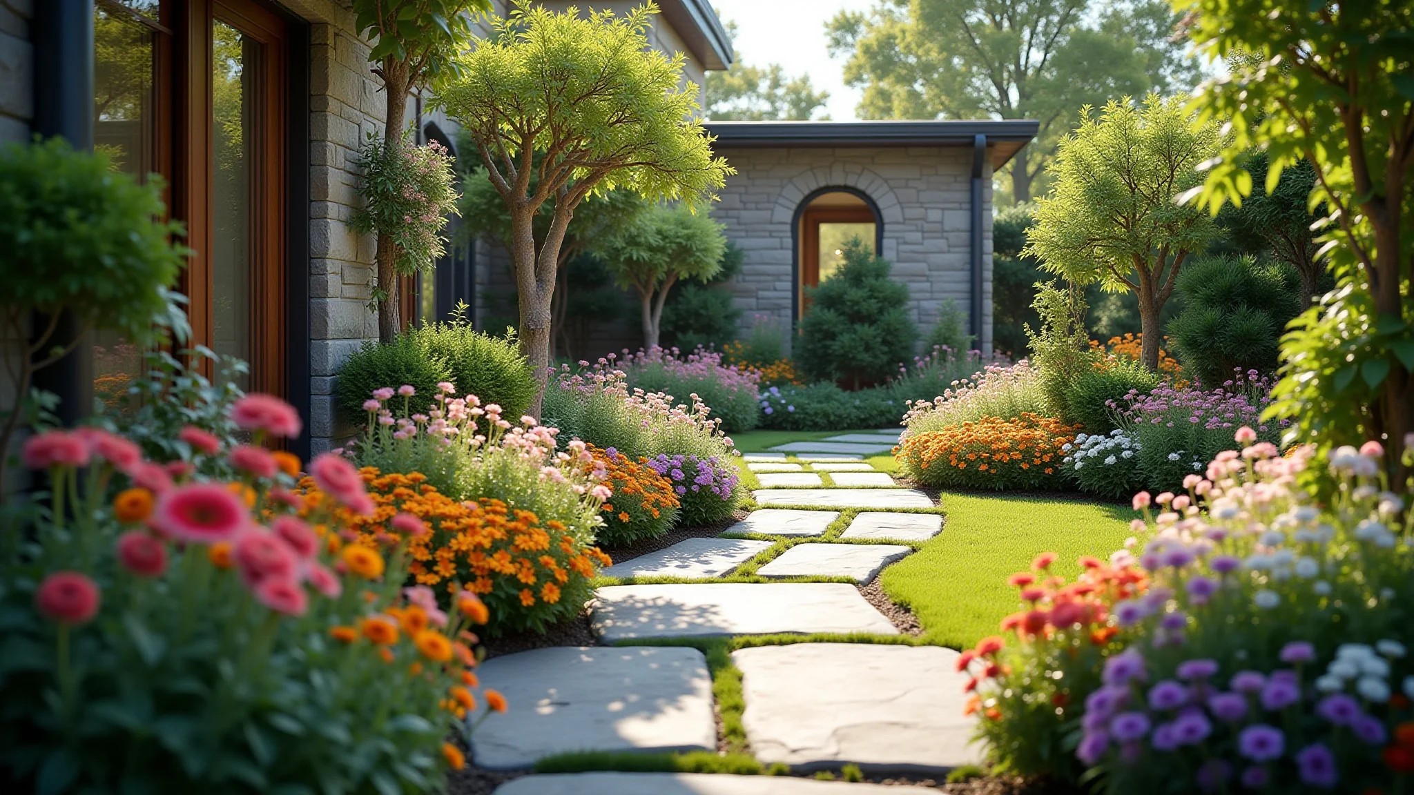 Pequeno jardim com caminhos de pedra e bordas de flores vibrantes.