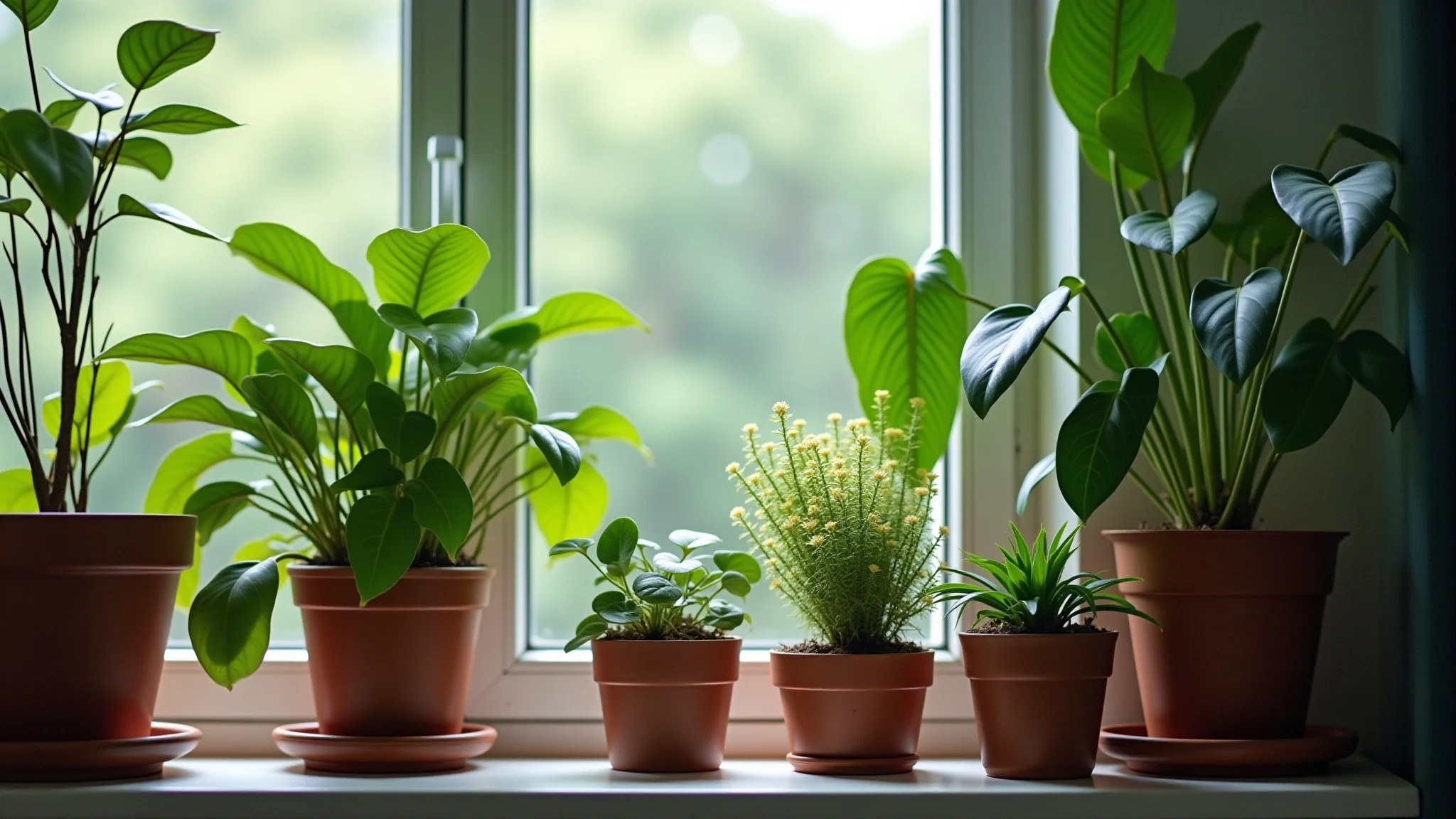 Pequeno jardim interno com plantas fáceis de cuidar em vasos decorativos. Decoração e natureza em casa.
