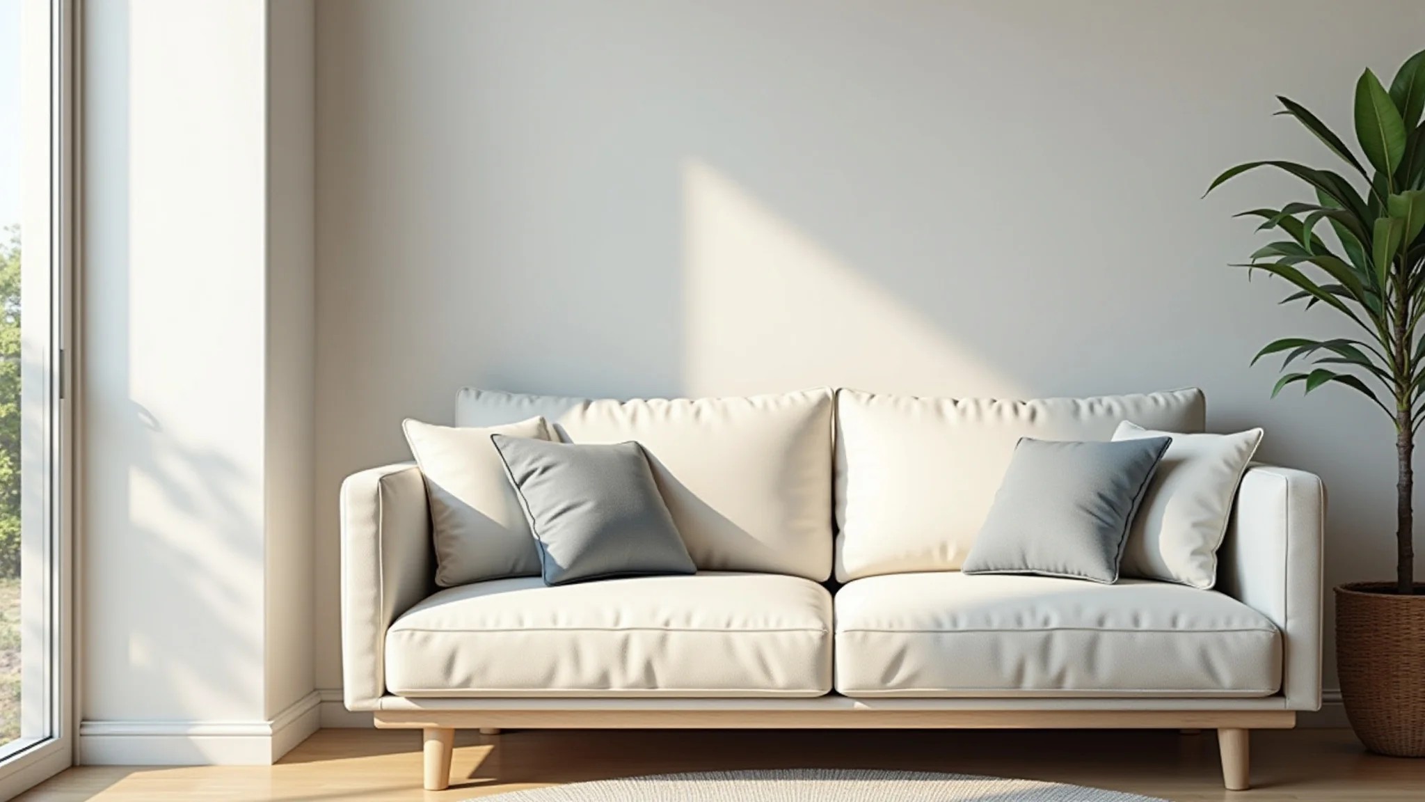 Sala de estar pequena com sofá branco, cores pastel e iluminação interna.