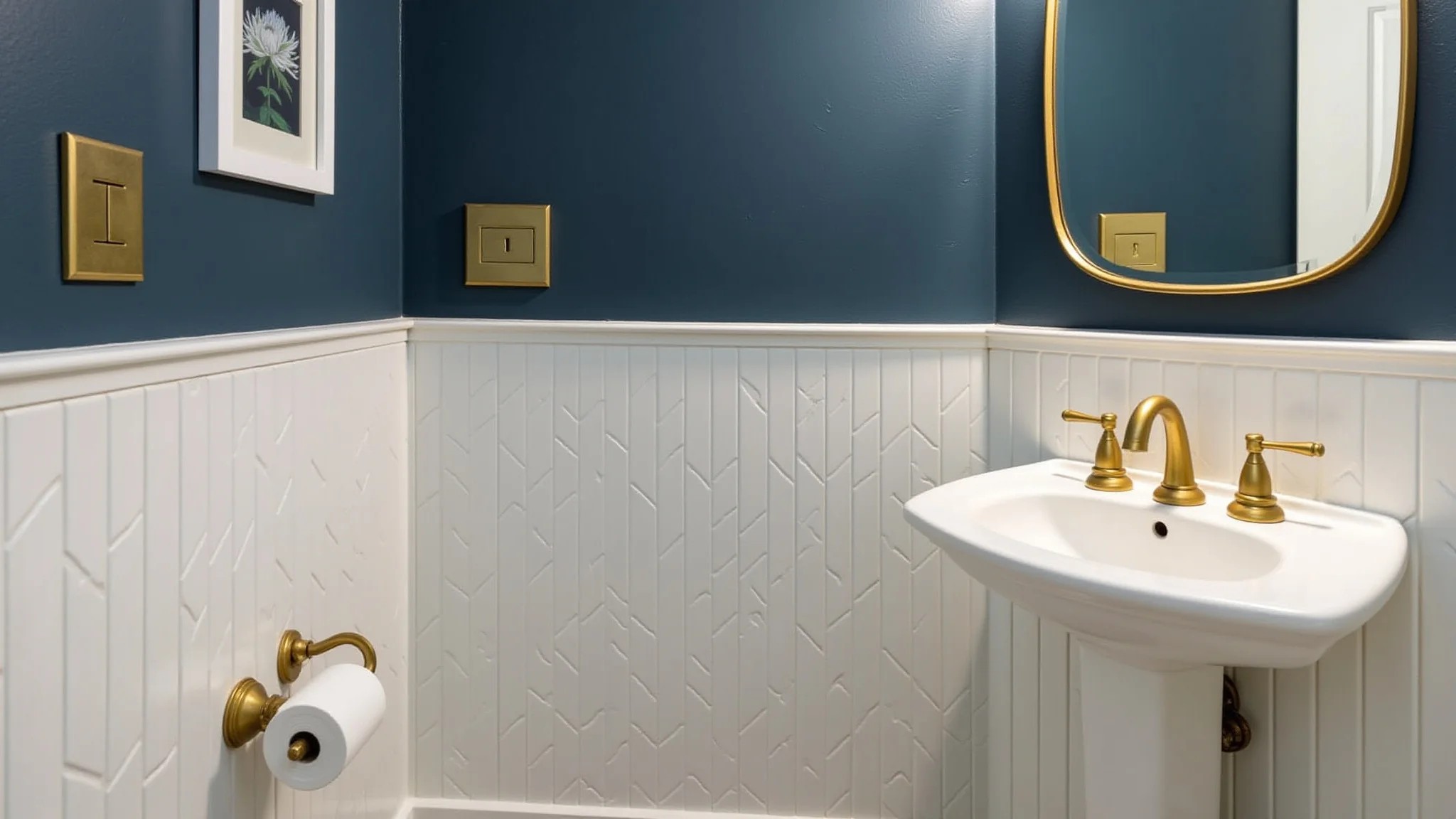 Lavabo moderno com parede azul escura, azulejos geométricos e acessórios dourados.