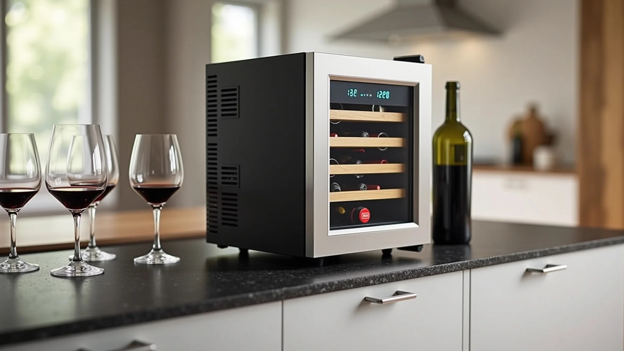 Adega termoelétrica compacta em balcão de cozinha com garrafas e taças de vinho.