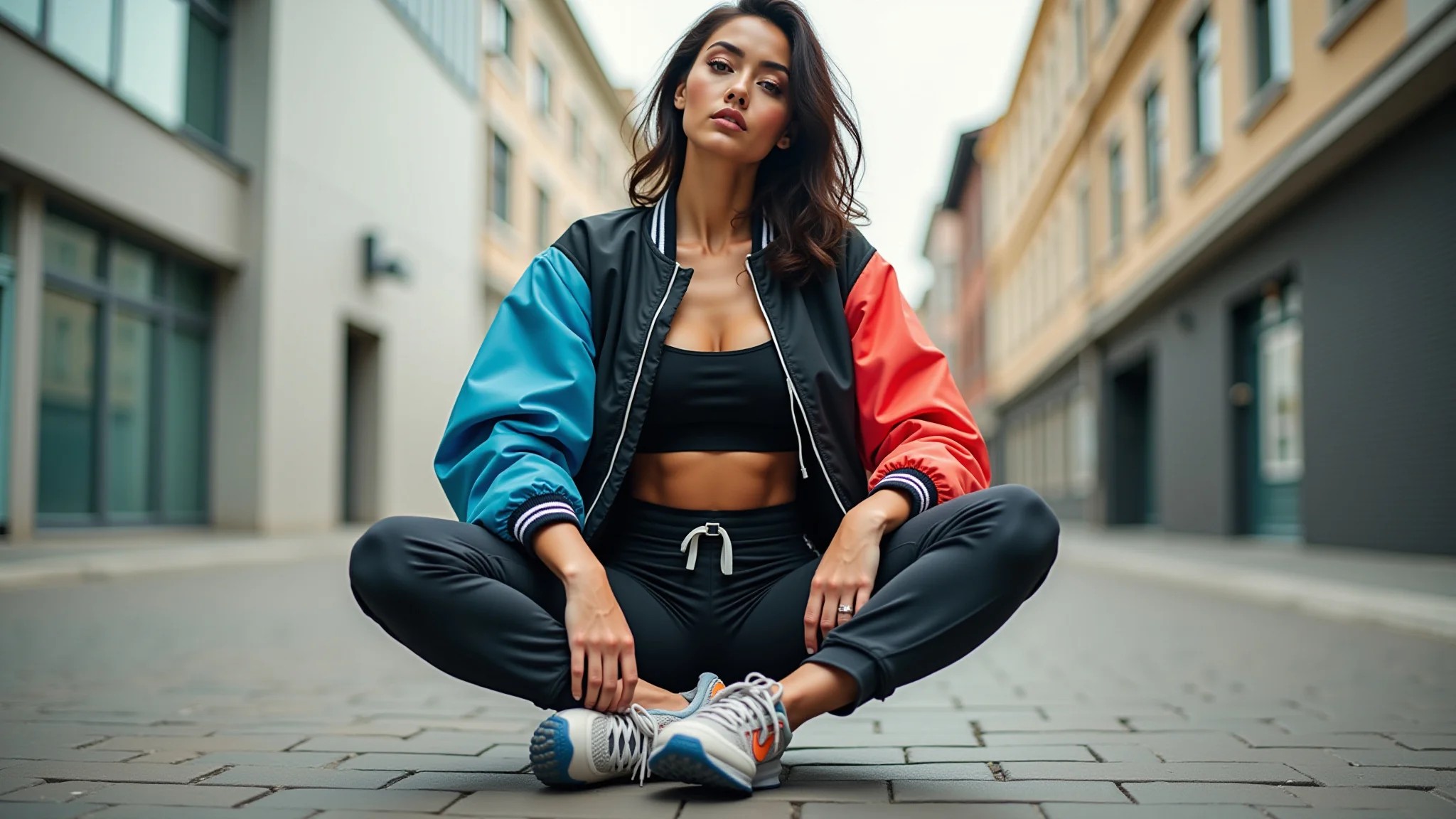 Mulher esportiva com calça jogging, cropped e jaqueta bomber em cenário urbano.