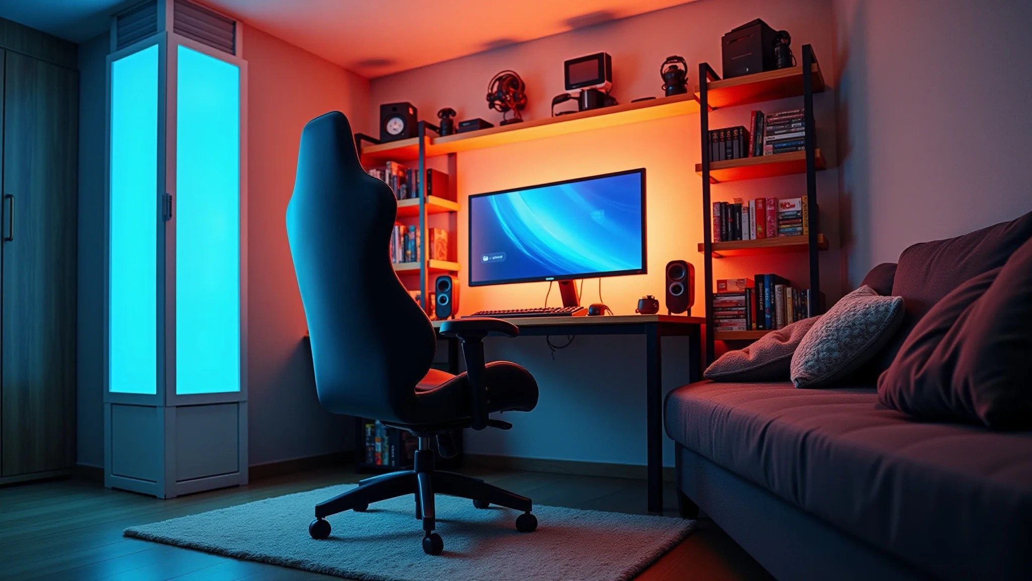 Configuração de jogos elegante com monitor grande, cadeira ergonômica e prateleiras organizadas.